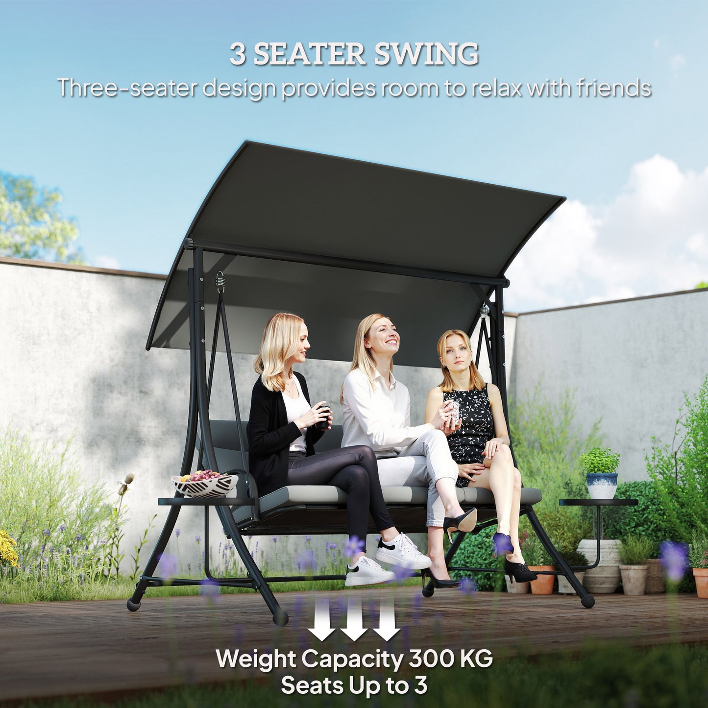 Outsunny 3 Seater Garden Swing Chair with Adjustable Canopy, Cushion and Coffee Tables for Outdoor Dark Grey