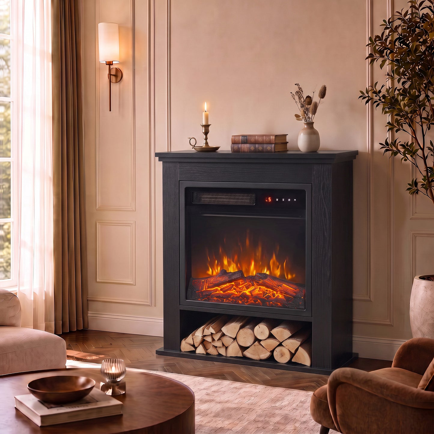 HOMCOM Electric Fireplace Suite with Shelf, 25" 1800W Electric Fire and Surround with LED Flame, 5 Brightness, Remote, Black