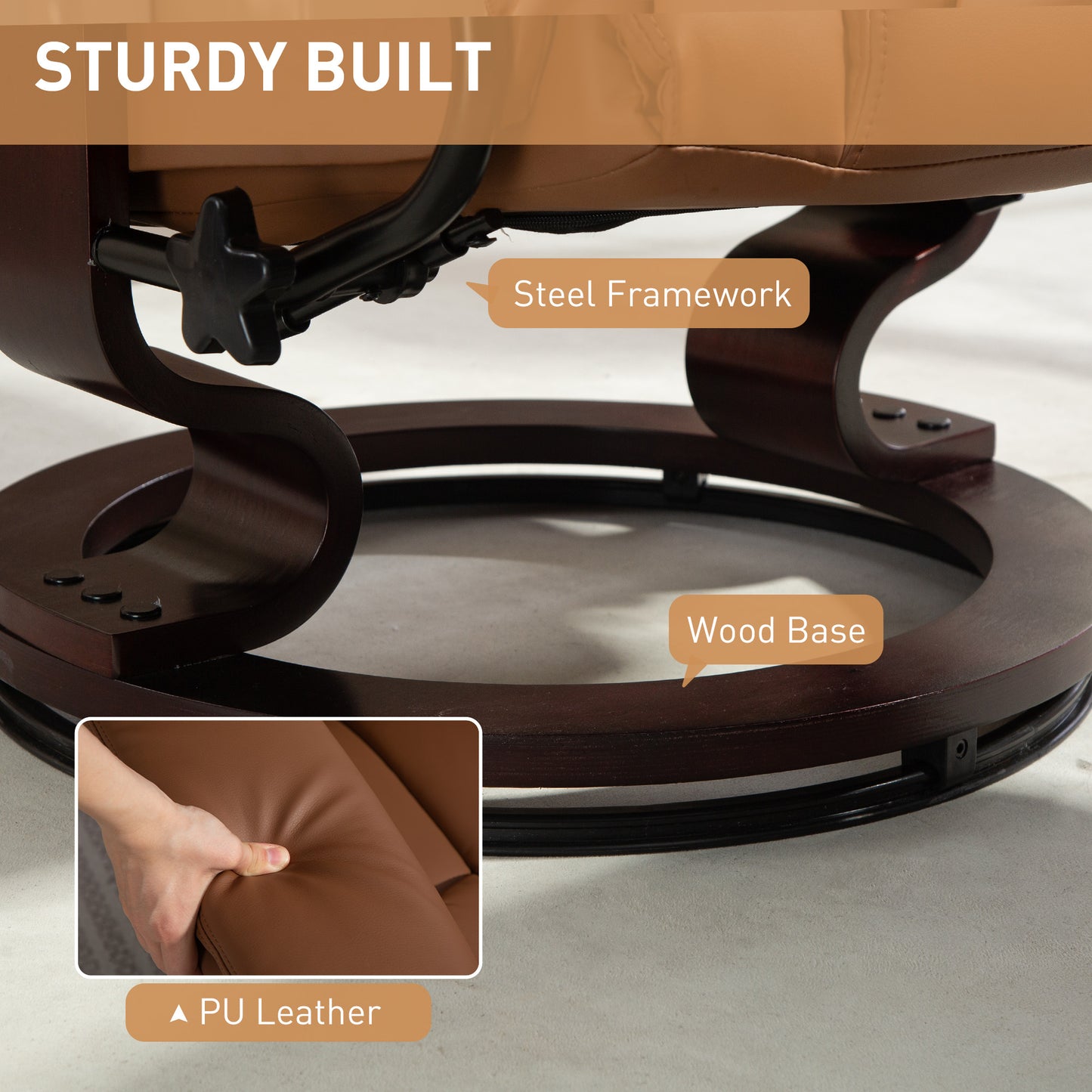 HOMCOM 360° Swivel Recliner Chair with Footstool, PU Leather Manual Recliner, Solid Wood Base, Upholstered for Living Room, Bedroom, Office, Brown