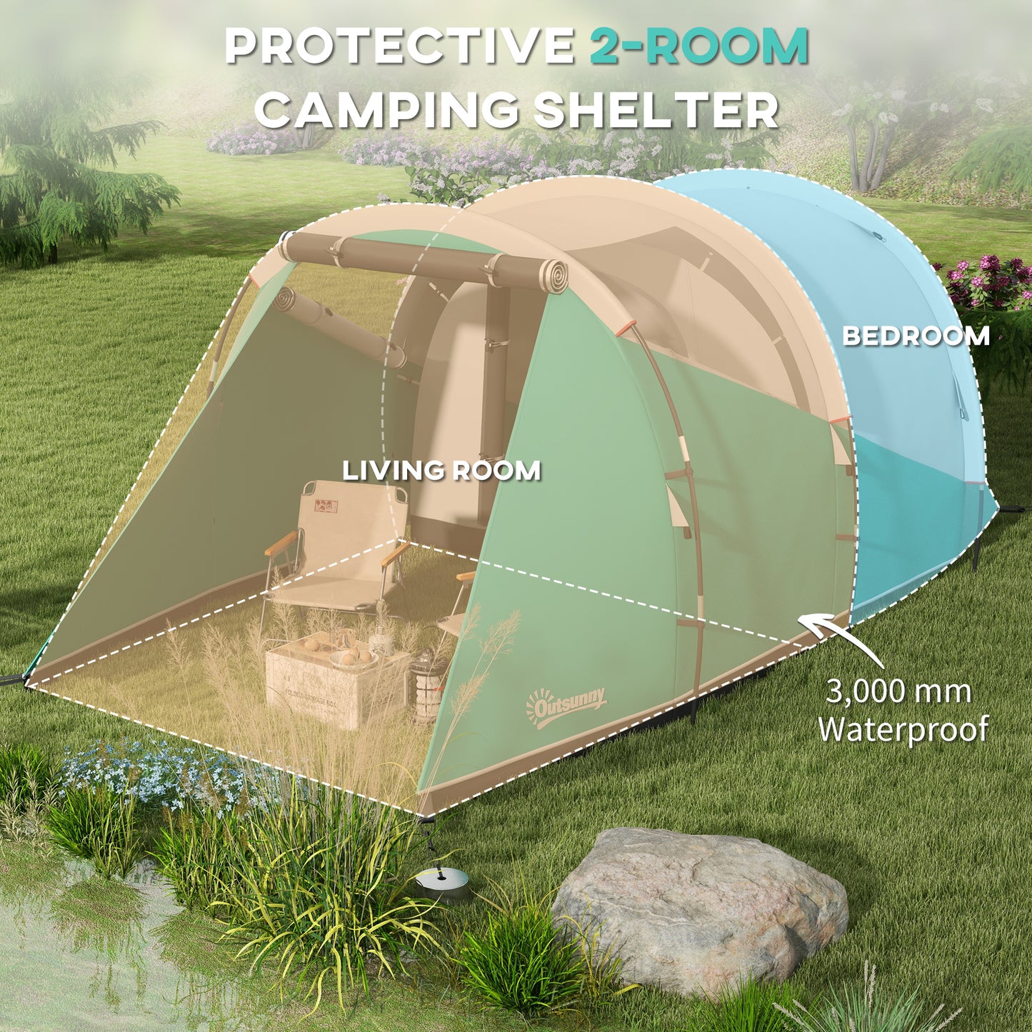Outsunny 2 Room Camping Tent for 4-5 Man 3000mm Waterproof Family Tent with Carry Bag for Fishing Hiking Festival Green