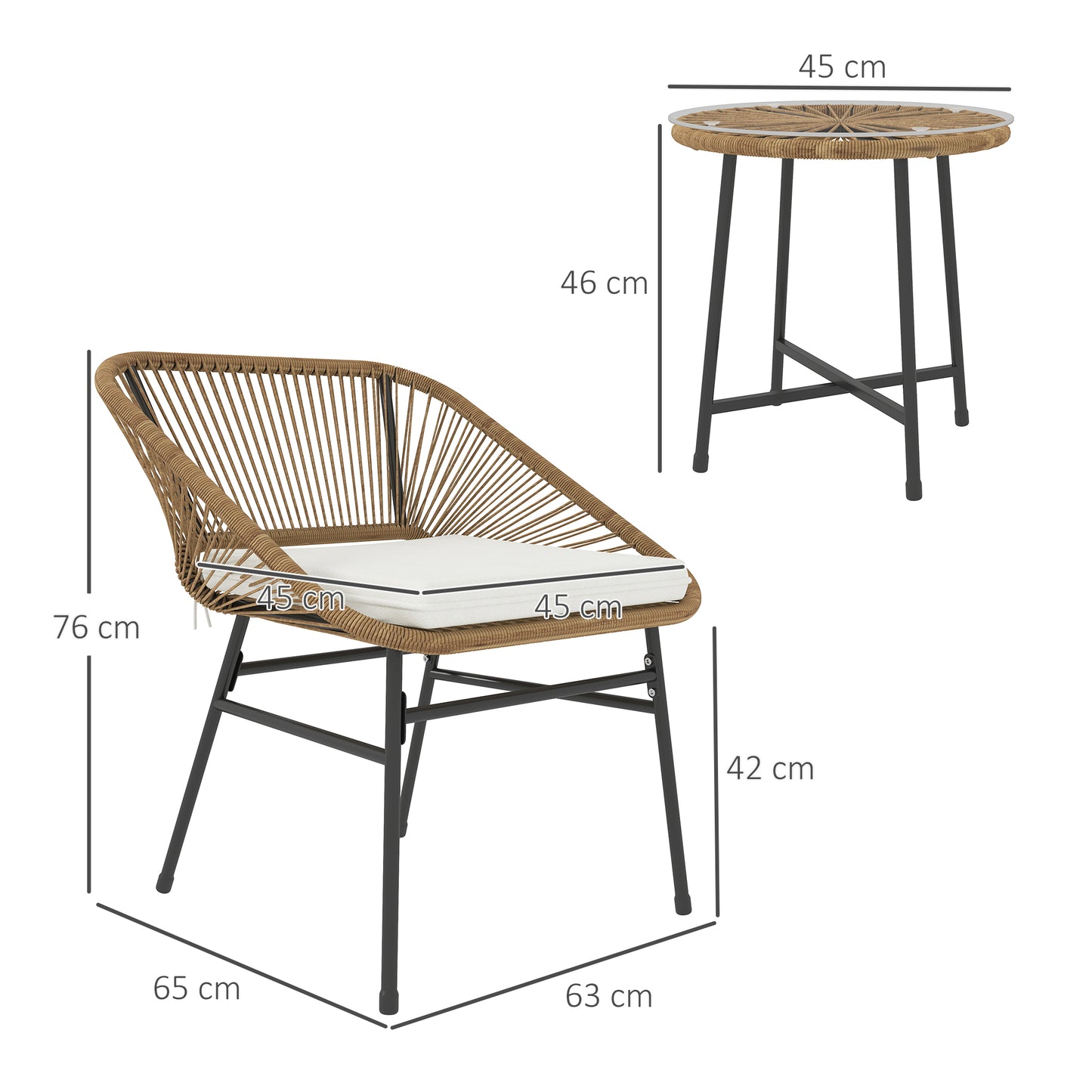 Outsunny 3-Piece Rattan Bistro Set, Garden Table & Chairs with Cushions, Glass Top for Patio/Balcony
