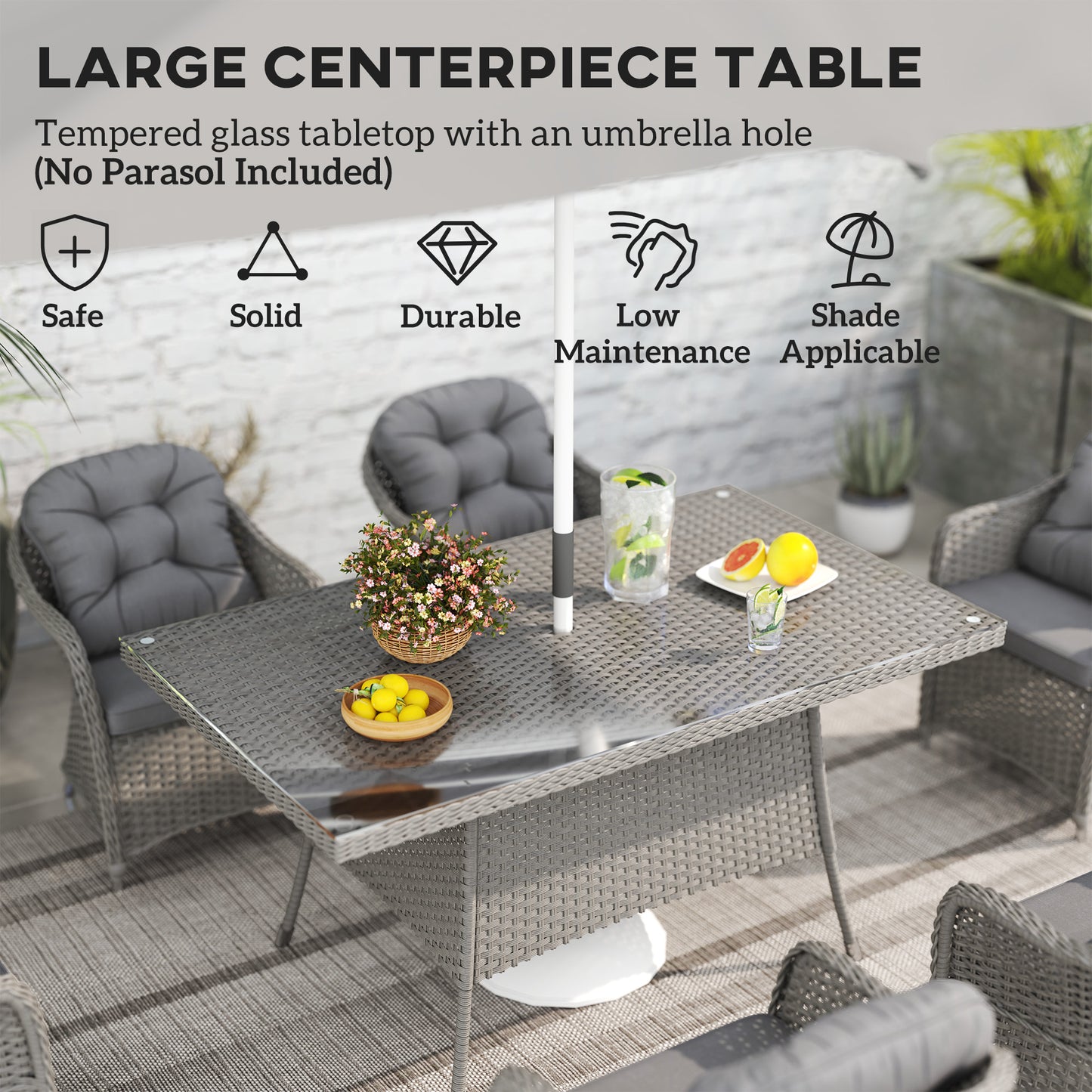 Outsunny 6 Seater Rattan Dining Set with Cushions, PE Rattan Garden Furniture, Rectangular Glass Table with Umbrella Hole, Light Grey