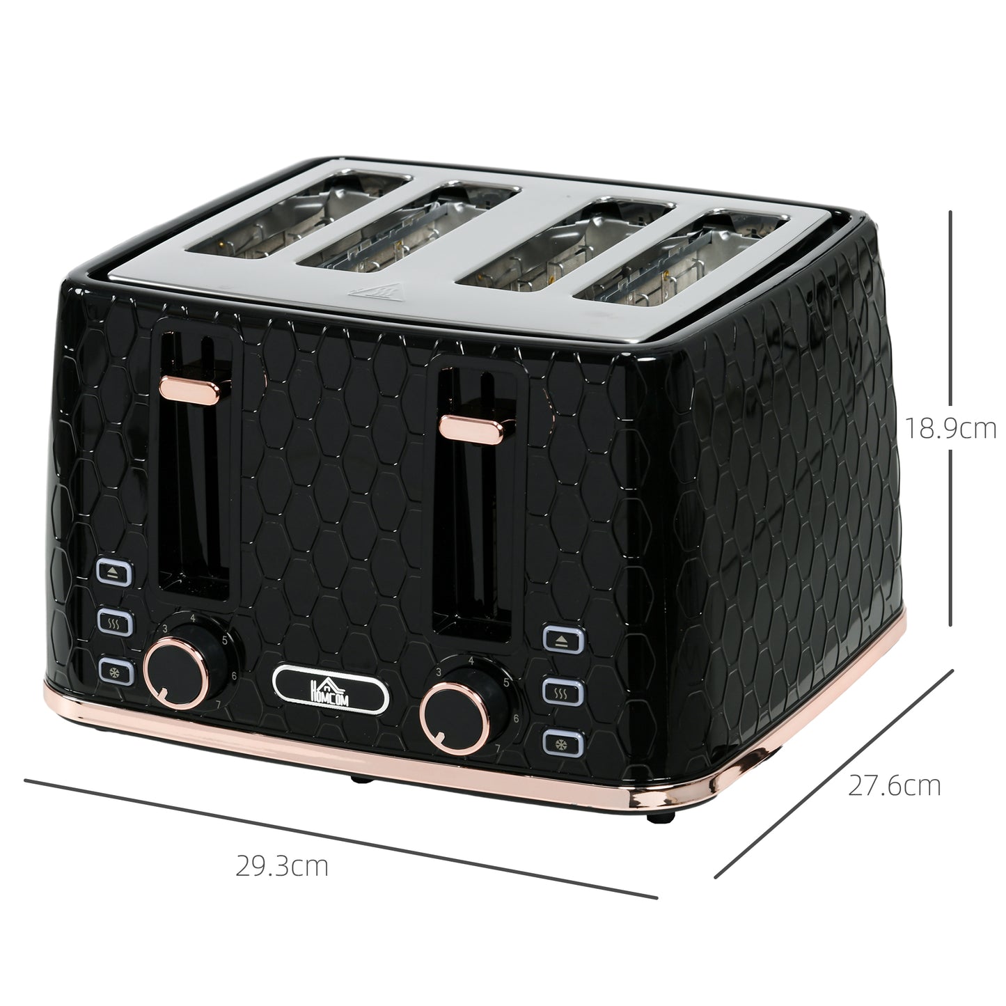 HOMCOM 4 Slice Toaster with 7 Browning Levels 1600W, Black Honeycomb Texture