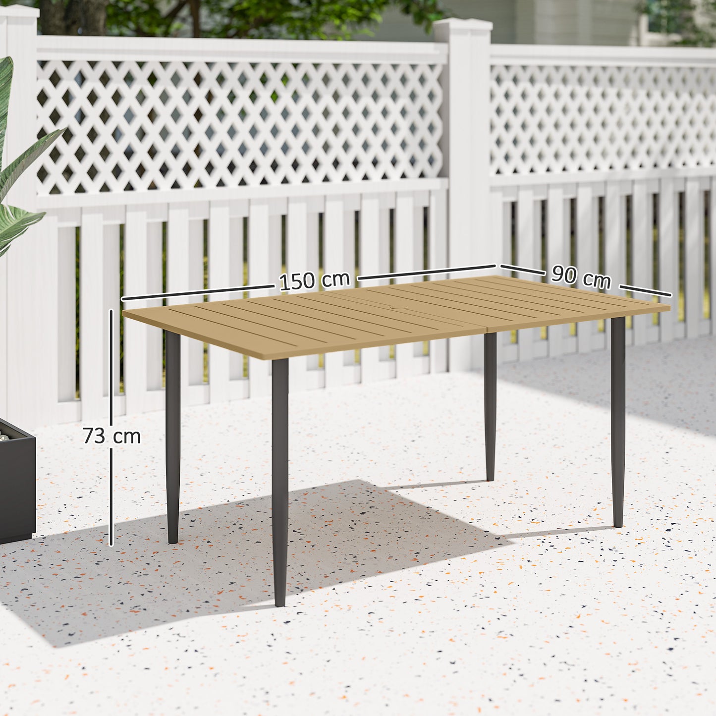 Outsunny Garden Dining Table for 6, Rectangle Outdoor Coffee Table w/ 5cm Parasol Hole, Slatted Top & Steel Frame for Patio/Balcony, Brown