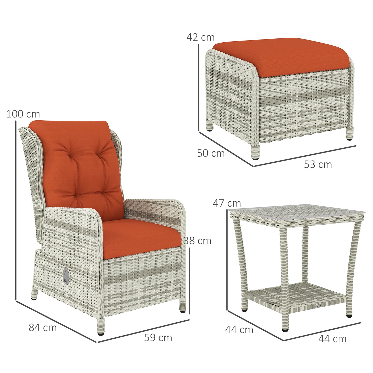 Outsunny 5-Piece Rattan Bistro Set: Reclining Chairs, Cushions, Glass Table, Footstools - Orange