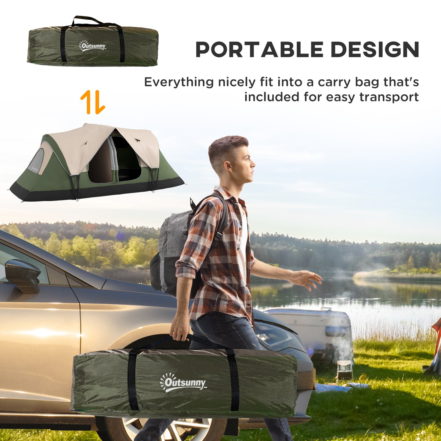 Outsunny Camping Tent for 6-8 Man with 2000mm Waterproof Rainfly and Carry Bag for Fishing Hiking Festival Dark Green