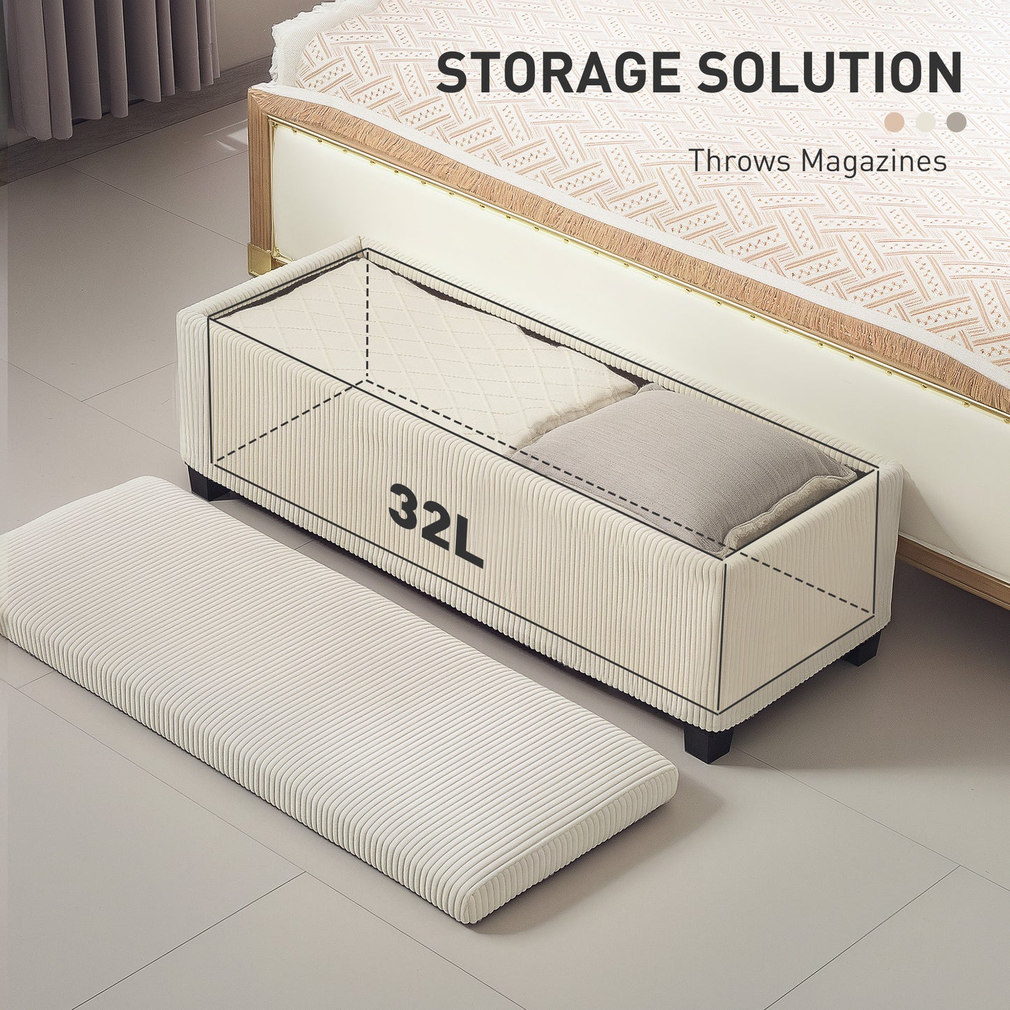 HOMCOM Storage Ottoman Bench, Corduroy Footstool with Removable Lid and Legs, 112cm Storage Chest Box for Living Room, Bedroom, Hallway, Beige