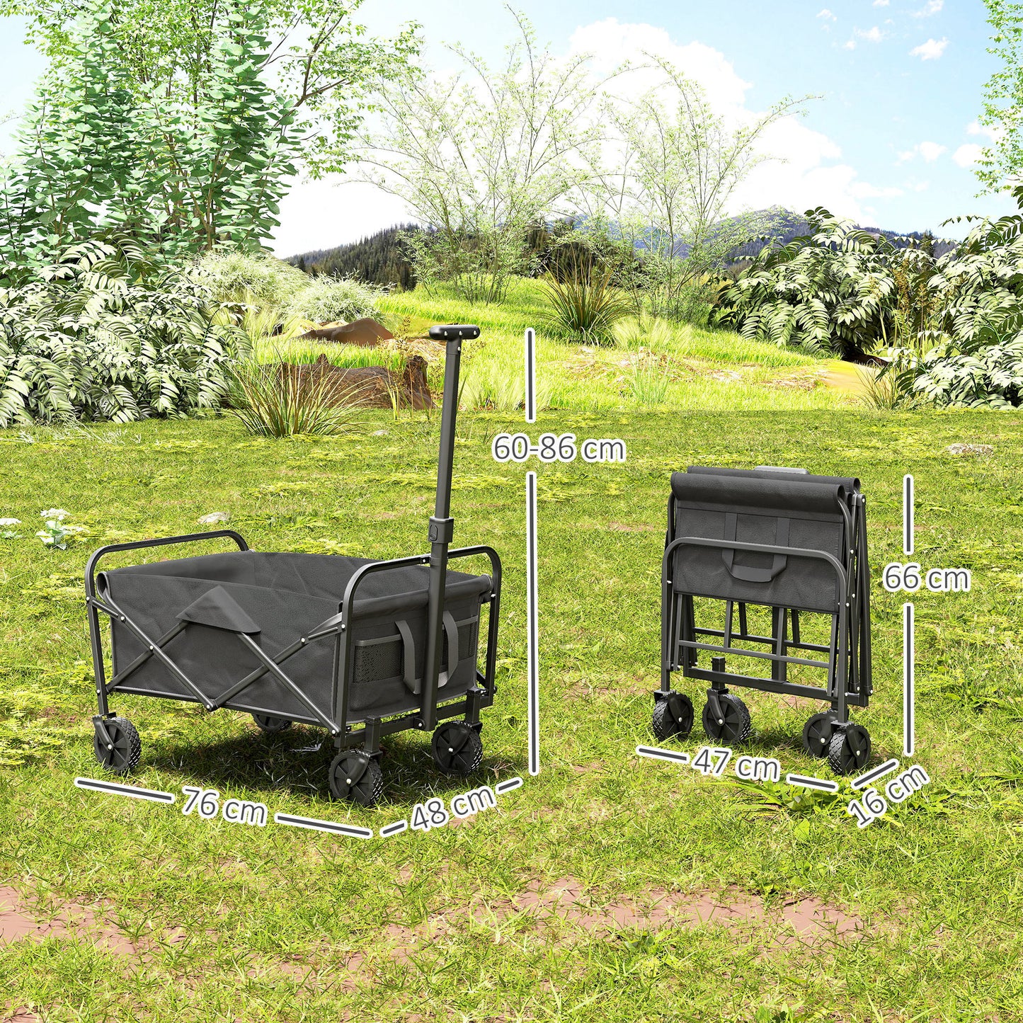 Outsunny Festival Trolley, 62L Heavy Duty Folding Wagon, 120kg Capacity with Adjustable Handle and Carry Bag for Beach/Camping, Grey