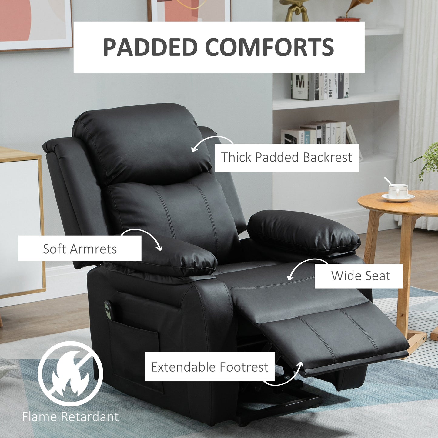 HOMCOM Power Lift Chair Recliner for Elderly, Electric Faux Leather Armchair with Remote Control and Side Pockets, Black