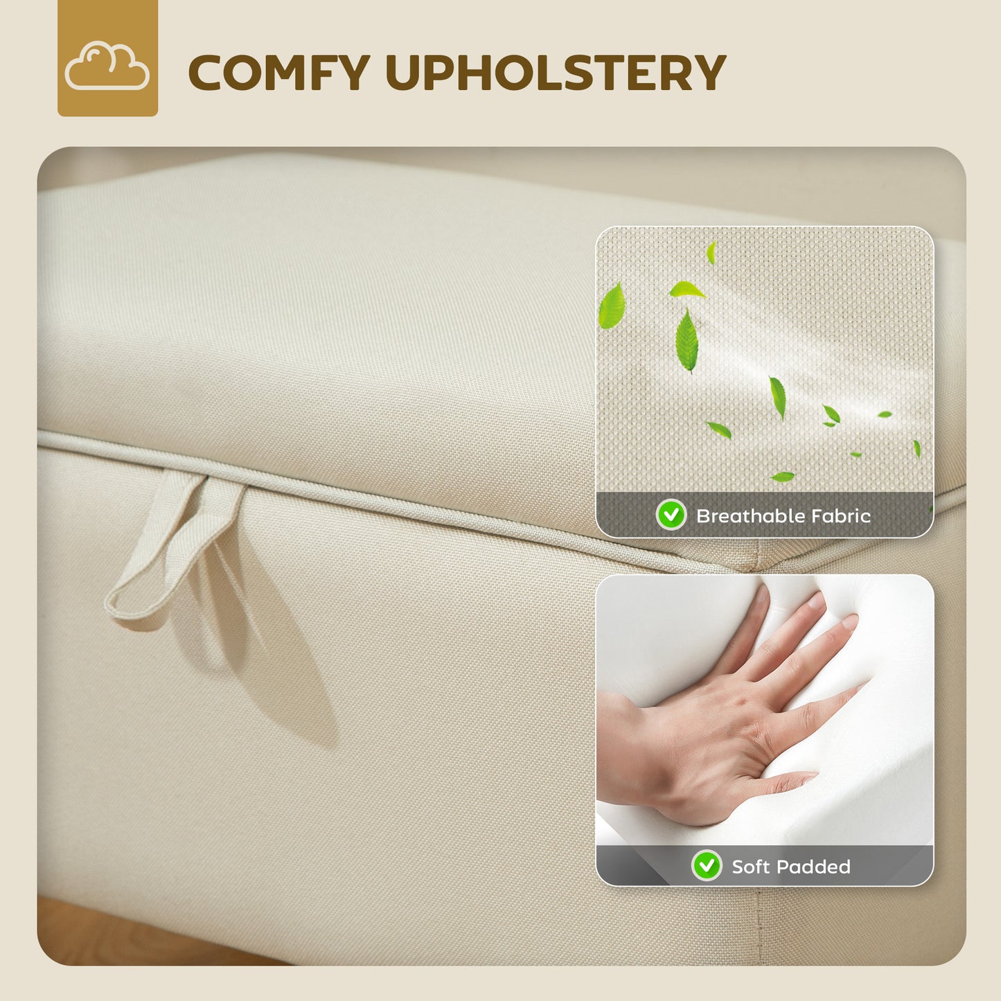 HOMCOM 16L Linen Storage Ottoman Padded Footstool with Rubberwood Legs for Storage Box, Bed End, Shoe Bench, Seating, Beige