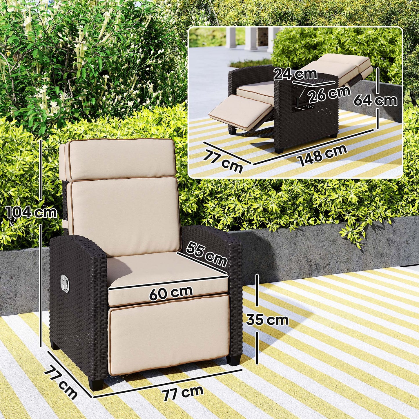 Outsunny 145° Reclining Rattan Armchair, with Footrest - Brown/Khaki