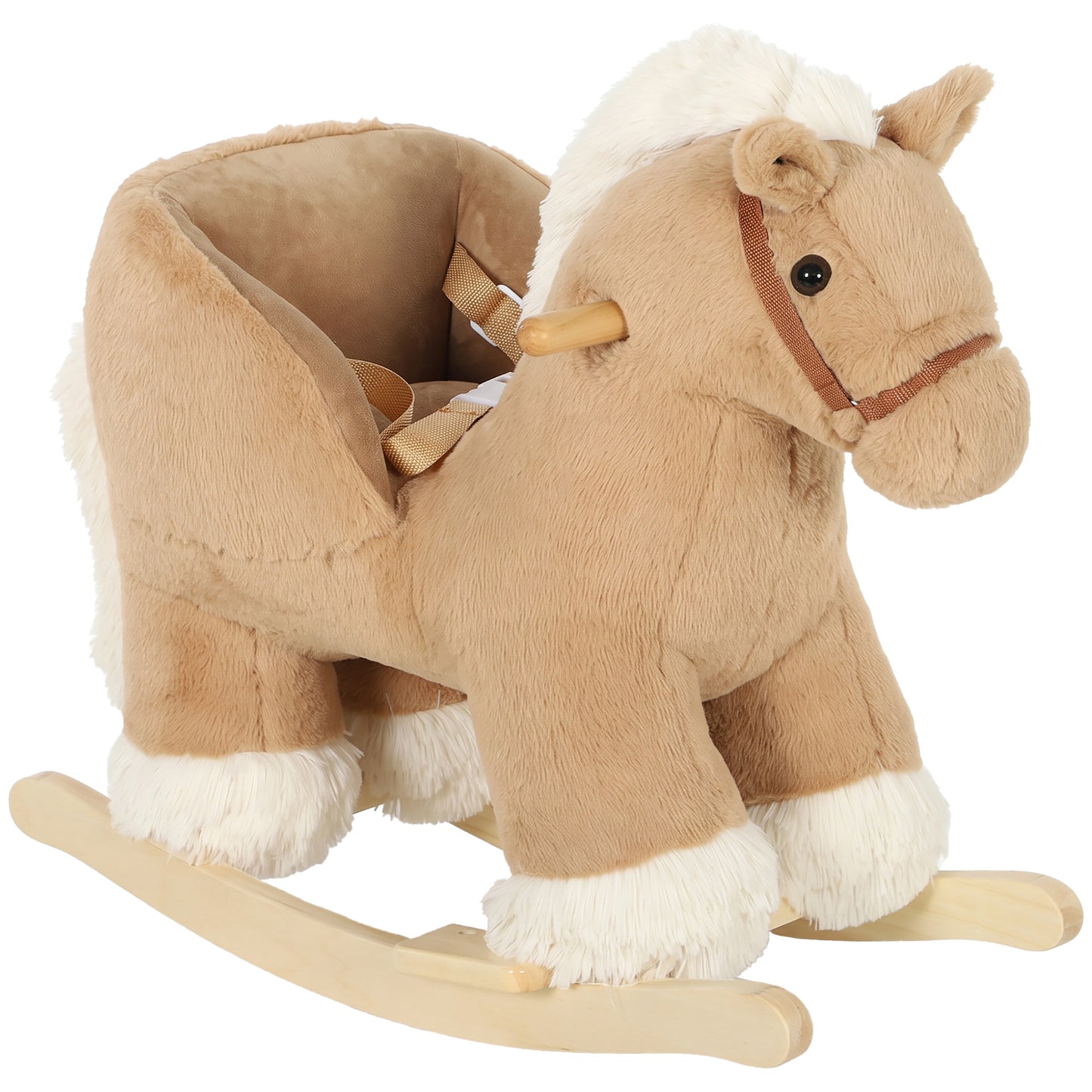 AIYAPLAY Kids Rocking Horse, Children Plush Ride On Animal Rocker w/Sound, Seat Belt, Wood Base Seat for Toddlers 18-36 M, Brown