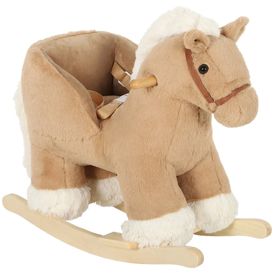 AIYAPLAY Kids Rocking Horse, Children Plush Ride On Animal Rocker w/Sound, Seat Belt, Wood Base Seat for Toddlers 18-36 M, Brown