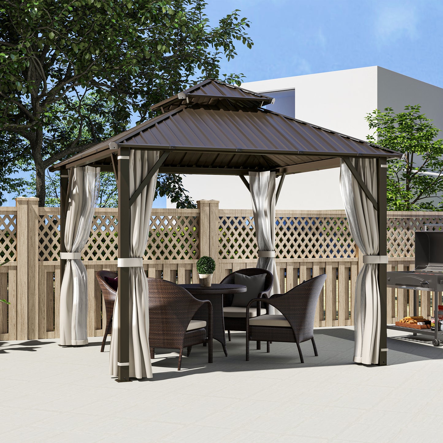 Outsunny Hardtop Gazebo Canopy, 3x3m, Double Metal Roof, Permanent Pavilion with Netting and Curtains, Easy Assembly, Black