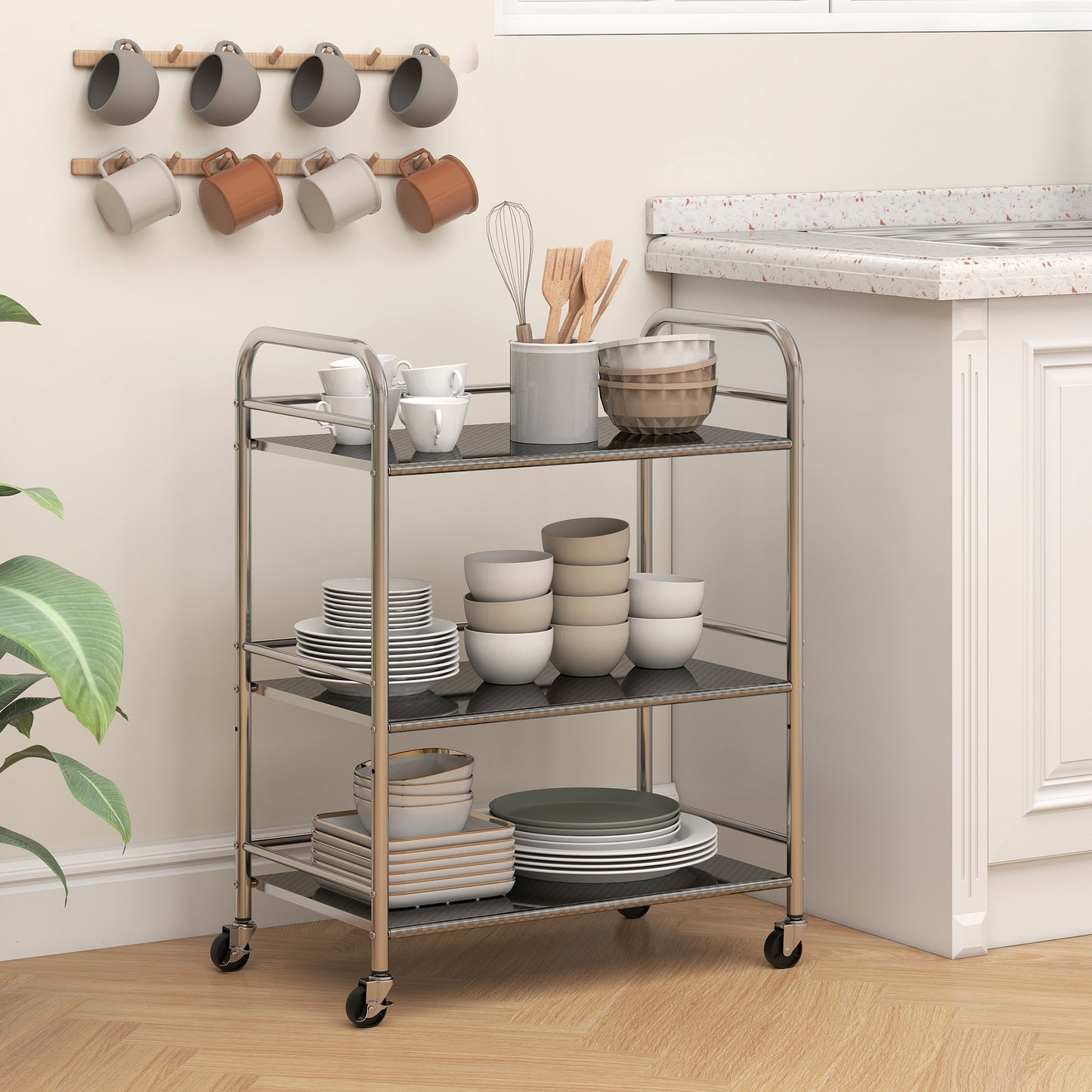 HOMCOM 3 Tier Stainless Steel Kitchen Storage Trolley with Adjustable Shelf - Silver
