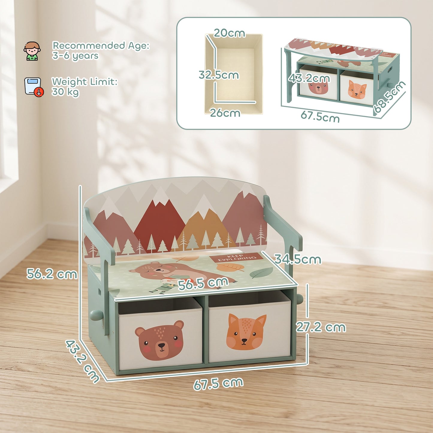 AIYAPLAY Kids Table and Chair Set, 3 in 1 Wooden Toy Box with 2 Fabric Drawers for Bedroom, Playroom, Gift for Boys Girls, Green