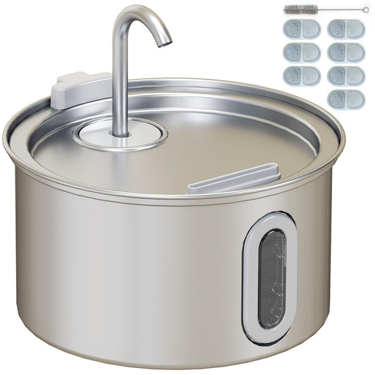 PawHut 2.5L Stainless Steel Cat Water Fountain for Drinking with Ultra-Silent Pump, Water-Level Window, Filters