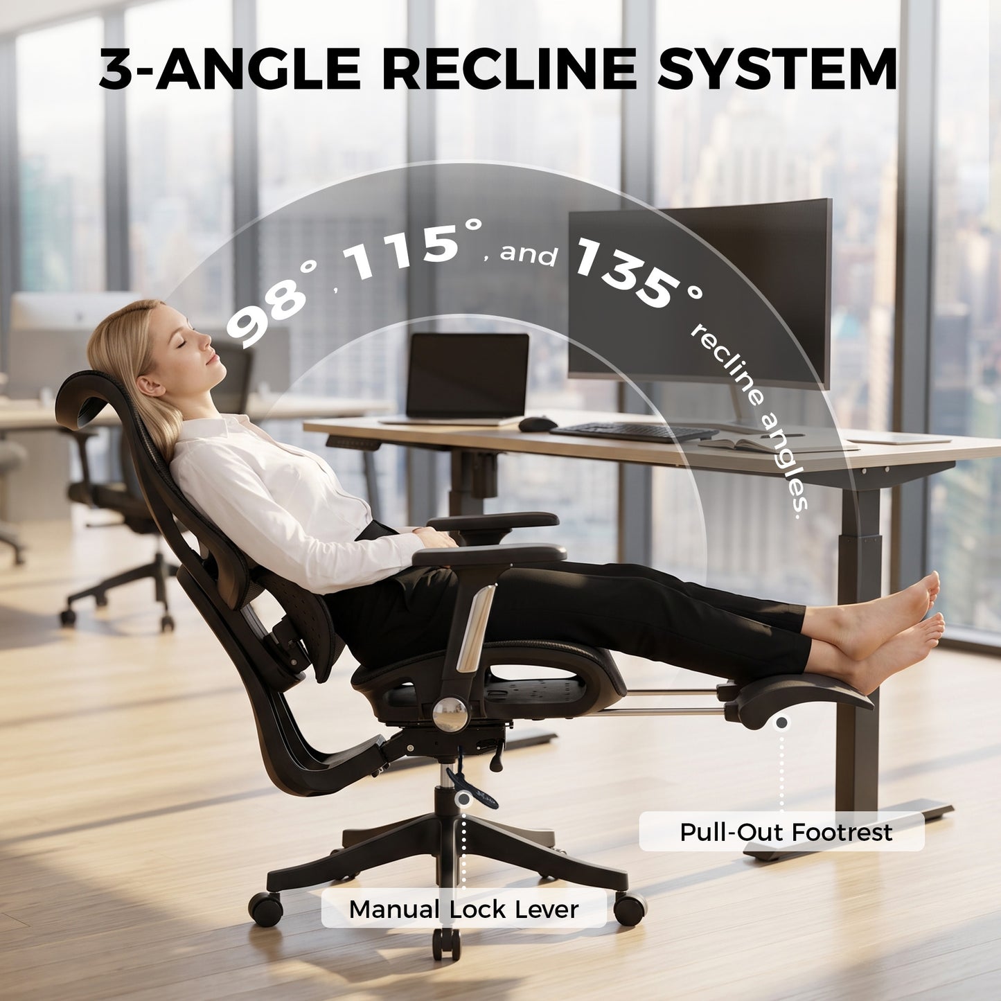 HOMCOM Ergonomic Office Chair with Lumbar Support, Mesh Reclining Desk Chair with Footrest, Adjustable High Back, Black
