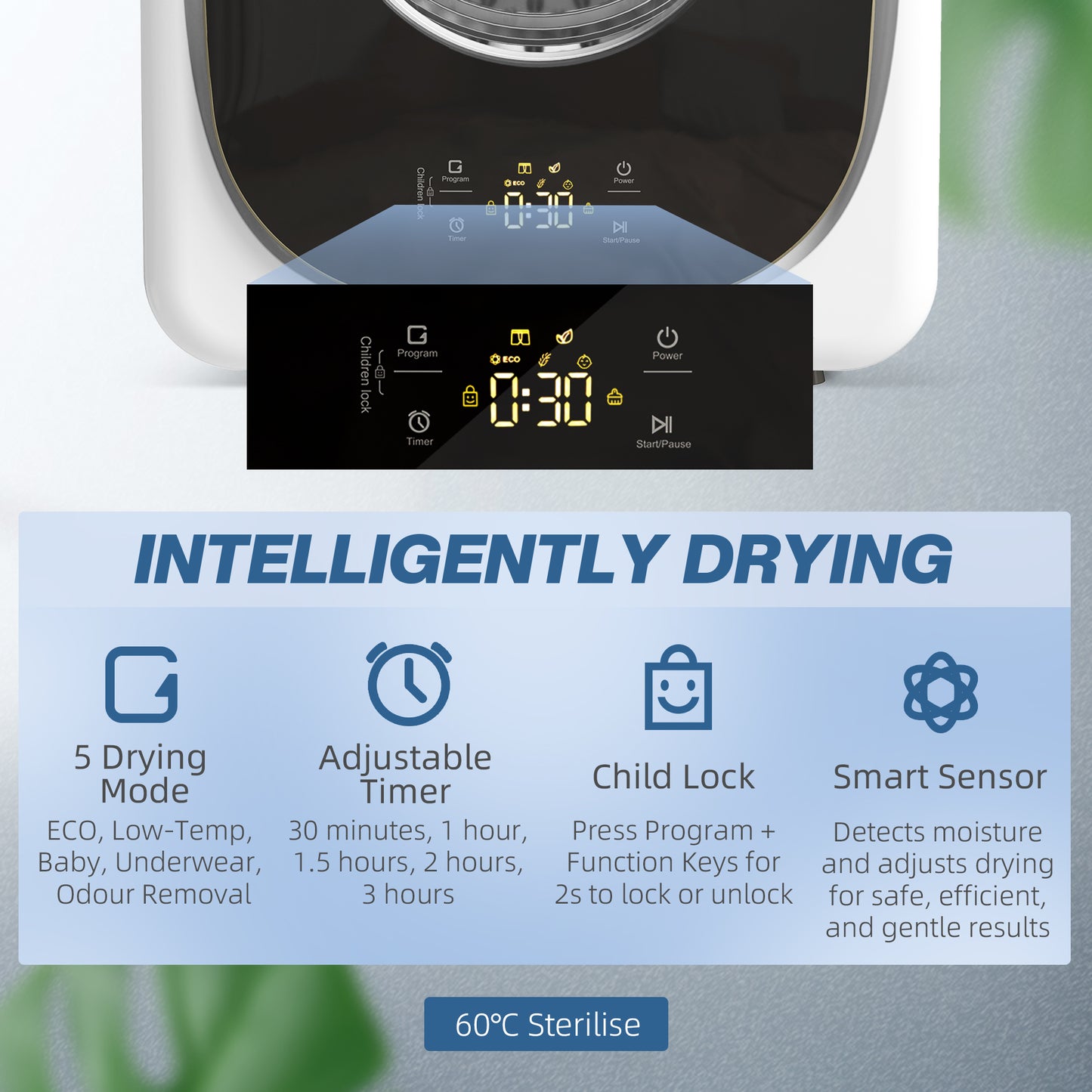 HOMCOM 4kg Vented Tumble Dryer, 800W Freestanding with 5 Modes, Smart Sensor, Timer, Stainless Steel Tub, Wall-Mount Option, White