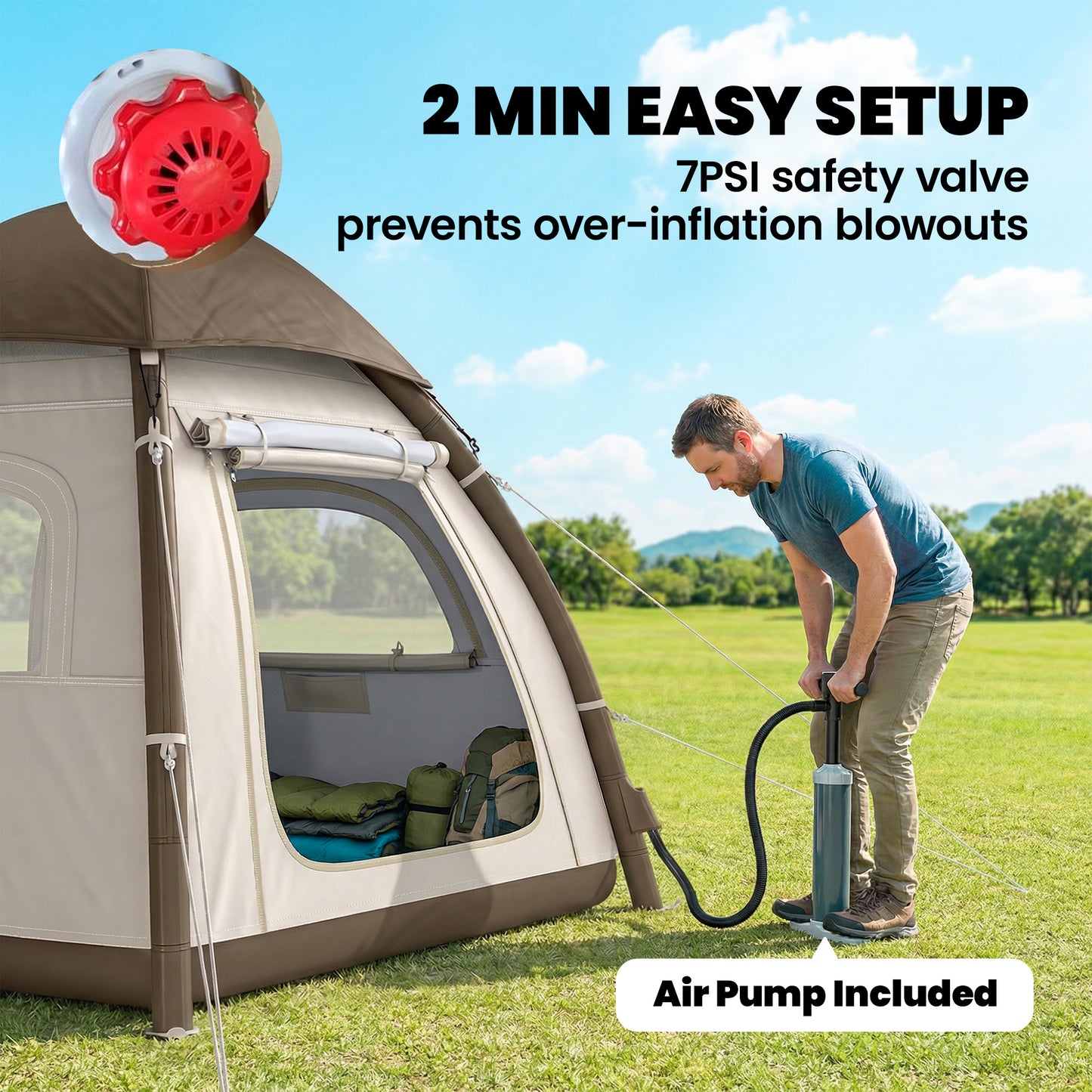 Outsunny Inflatable Camping Tent with Rainfly, 3 Man Air Tent 3000mm Waterproof Blow Up Tents, Cream