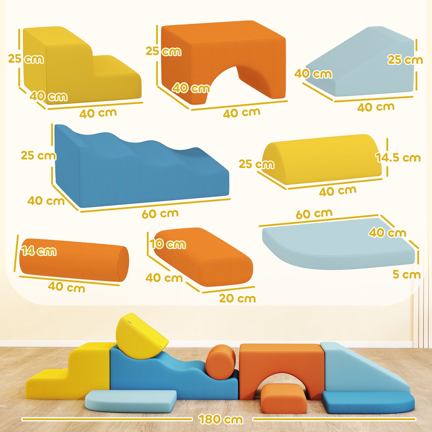 AIYAPLAY 9-Piece Soft Play Set, Kids Soft Play Foam Blocks with Detachable Cover for Climbing and Crawling