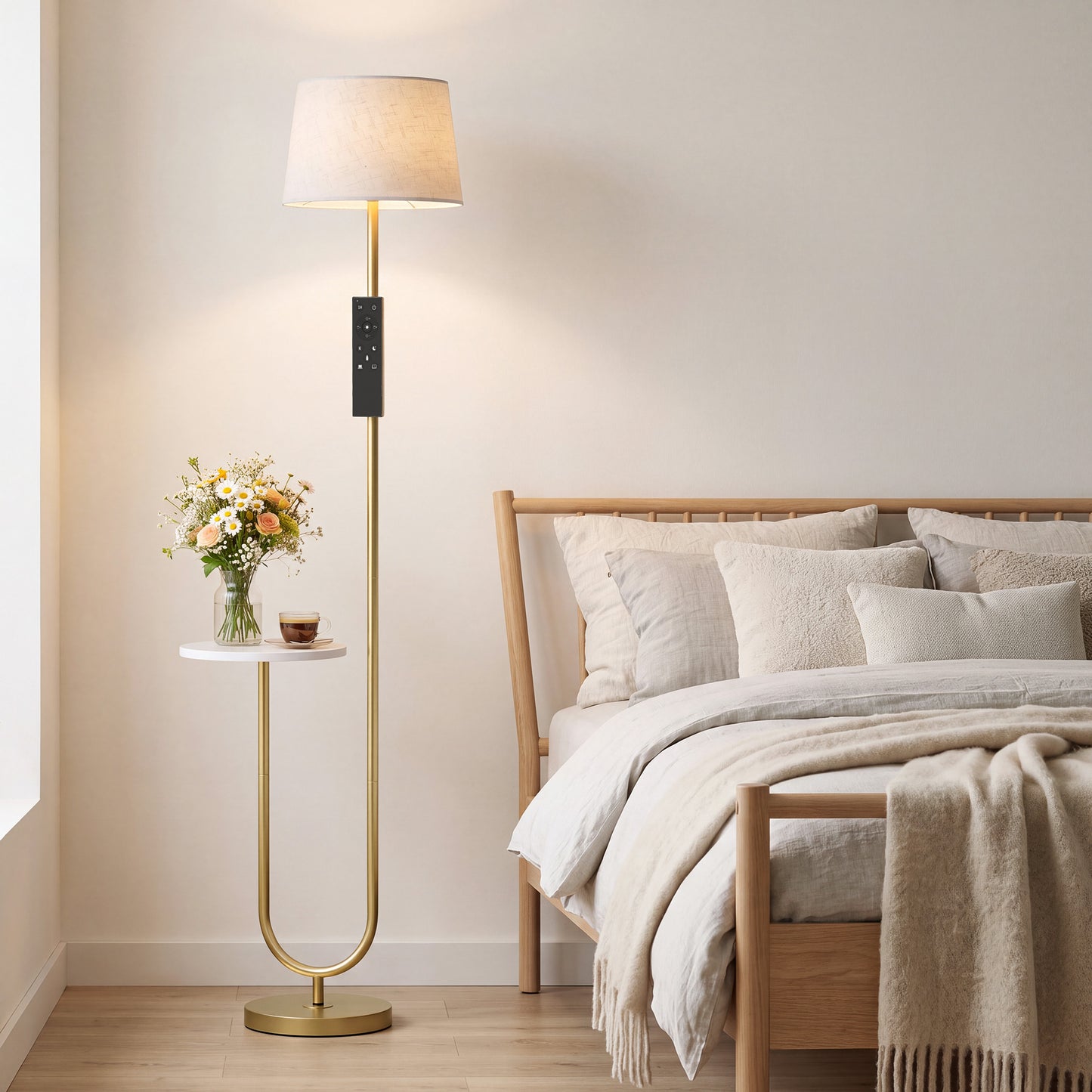HOMCOM Modern Floor Lamp with Shelf, Dimmable Floor Lamp with Linen Shade, RF Remote and Foot Switch for Living Room, Gold Tone