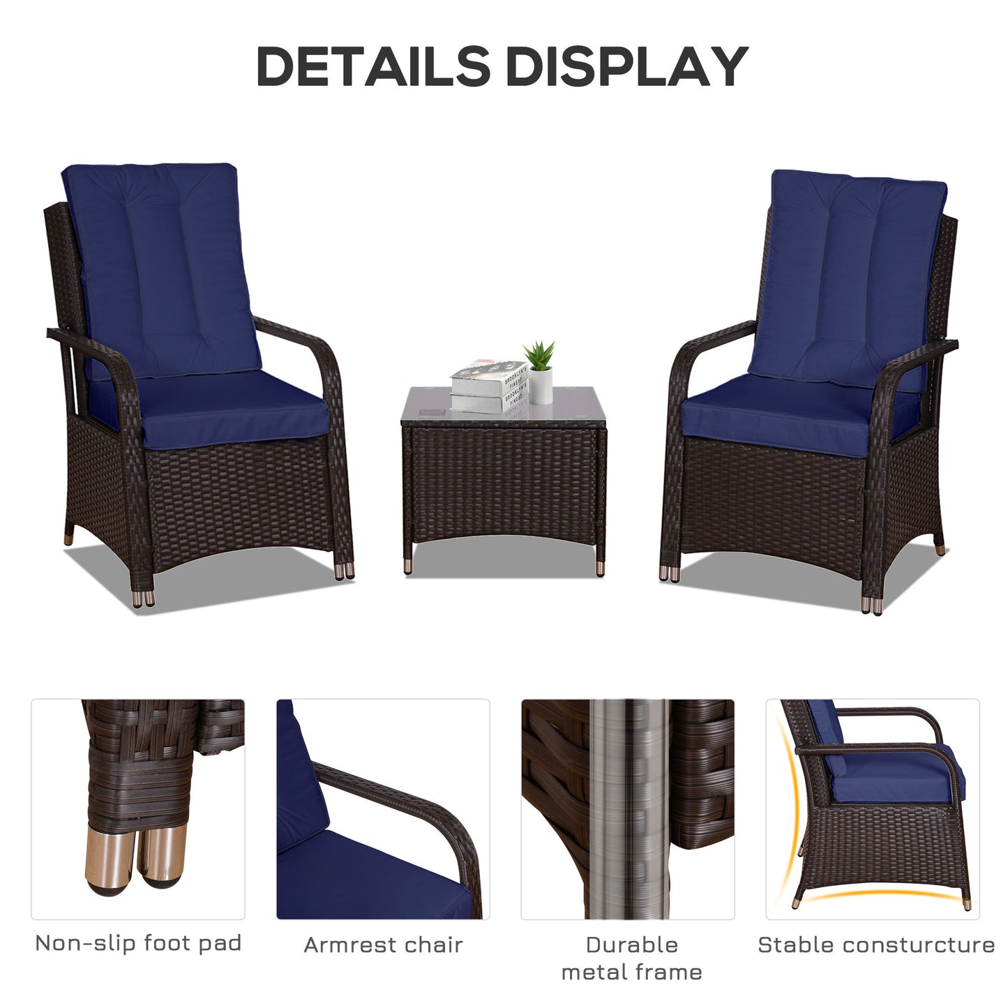 Outsunny 3-Piece Rattan Bistro Set with Cushions - Dark Blue
