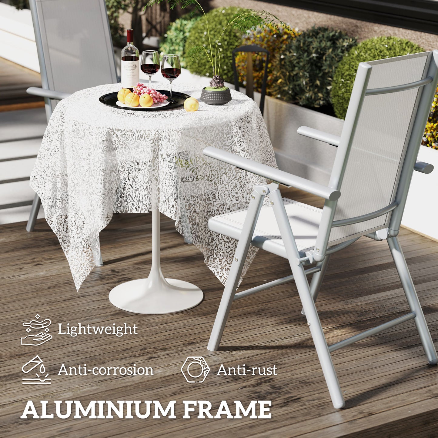 Outsunny Set of 2 Folding Aluminium Camping Chairs, Breathable Mesh, Armrests, Light Grey