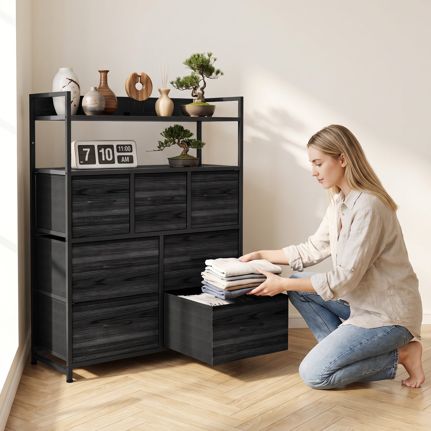 HOMCOM Chest of Drawers, Bedroom Fabric Dresser with 7 Drawers, Storage Organiser Unit with Open Shelves, Black Wood-Effect