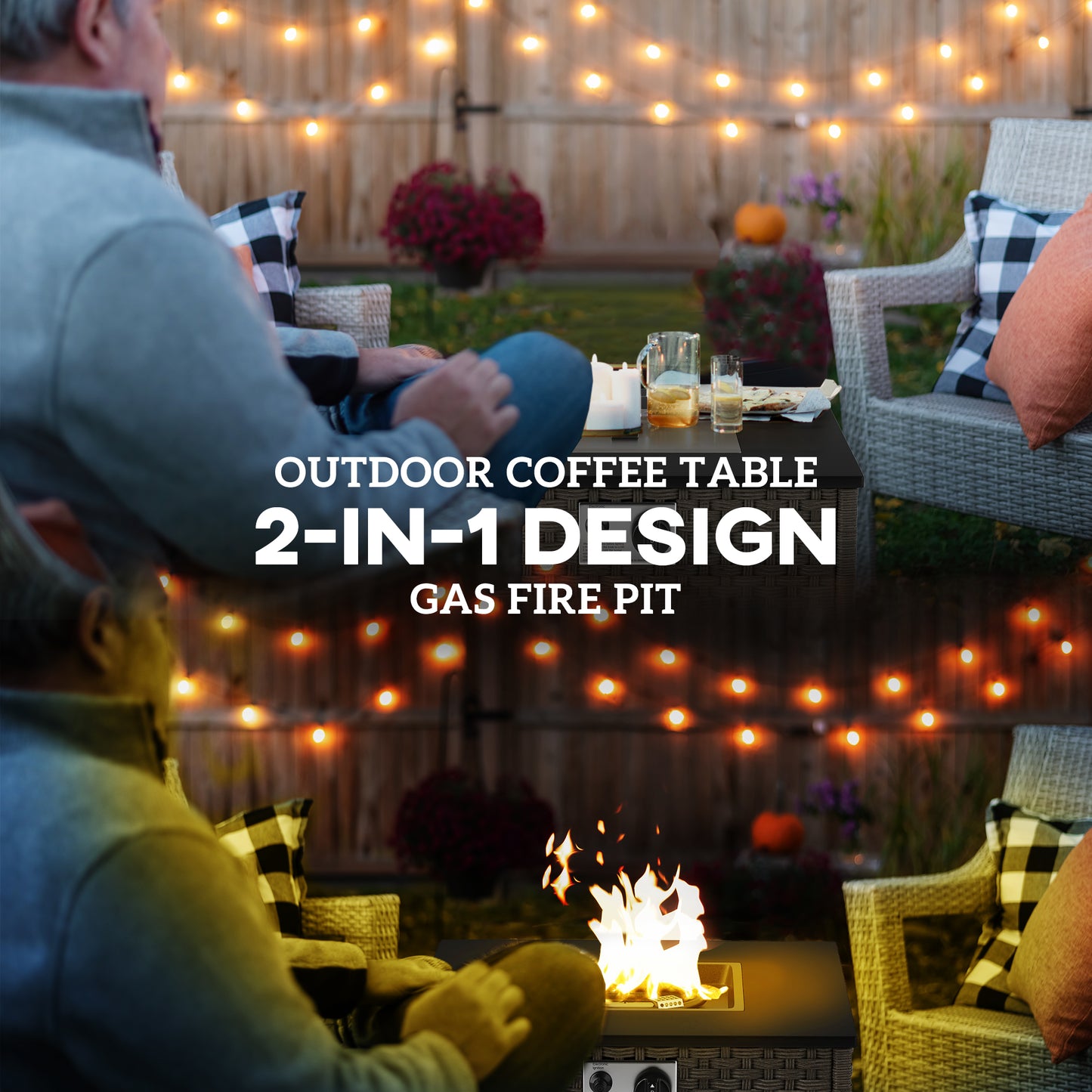 Outsunny Rattan Gas Fire Pit Table, 13 KW Propane Fire Pit with Lid, Square Patio Heater/Coffee Table for Garden Outdoor, 58x58x33 cm, Grey