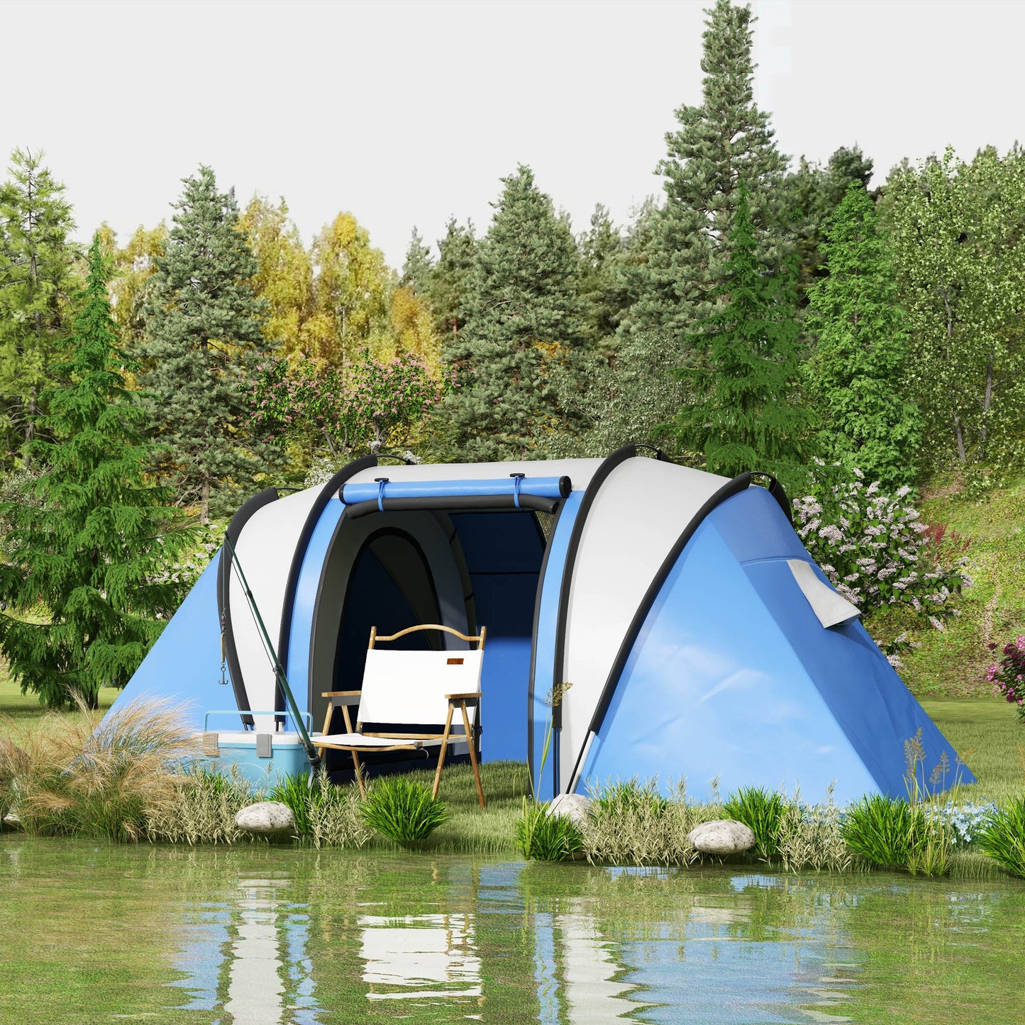 Outsunny Camping Tent with 2 Bedrooms and Living Area 3000mm Waterproof Family Tent for Fishing Hiking Festival Blue