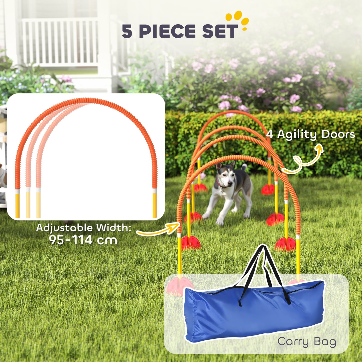 PawHut 5 Piece Dog Agility Training Equipment with 4 Adjustable Width Doors, Carry Bag, for Garden, Orange