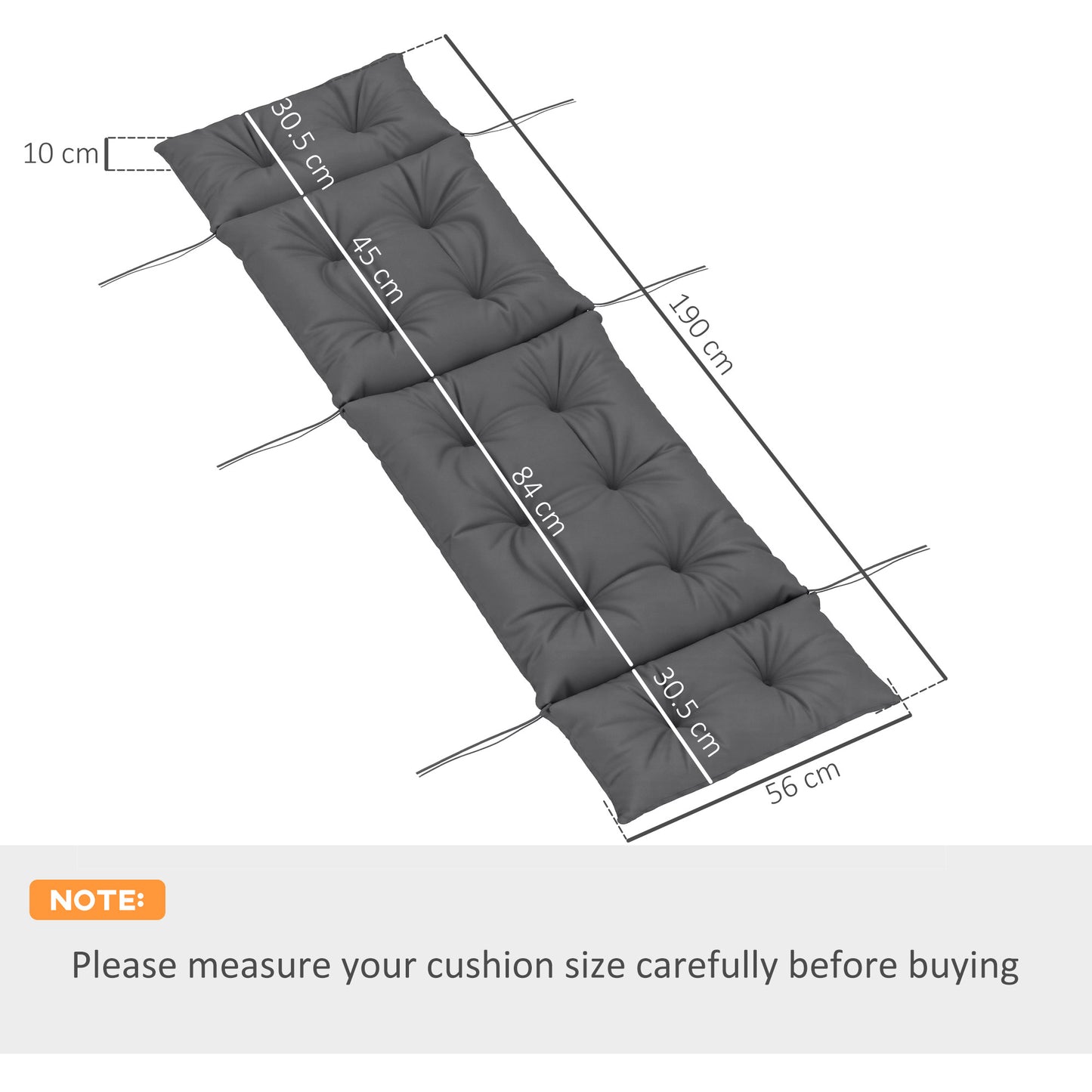Outsunny Sun Lounger Cushion, 190x56x10cm, UPF20+ 220gsm Fabric, 6 Ties, Dark Grey