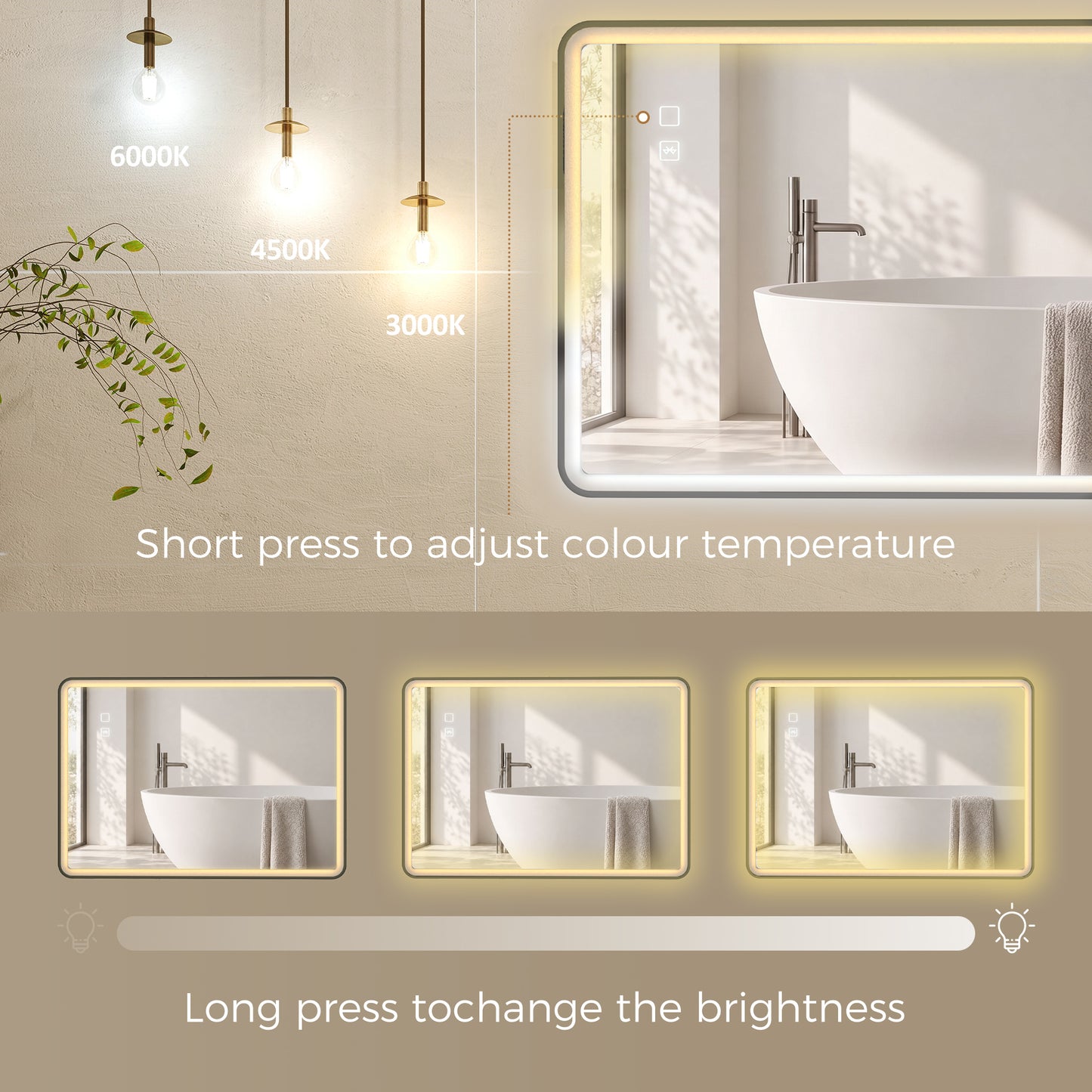 HOMCOM Bathroom Mirror with LED Lights, 100x70cm Rectangle Bathroom Mirror, Dimmable, Bluetooth, Anti-Fog, Black