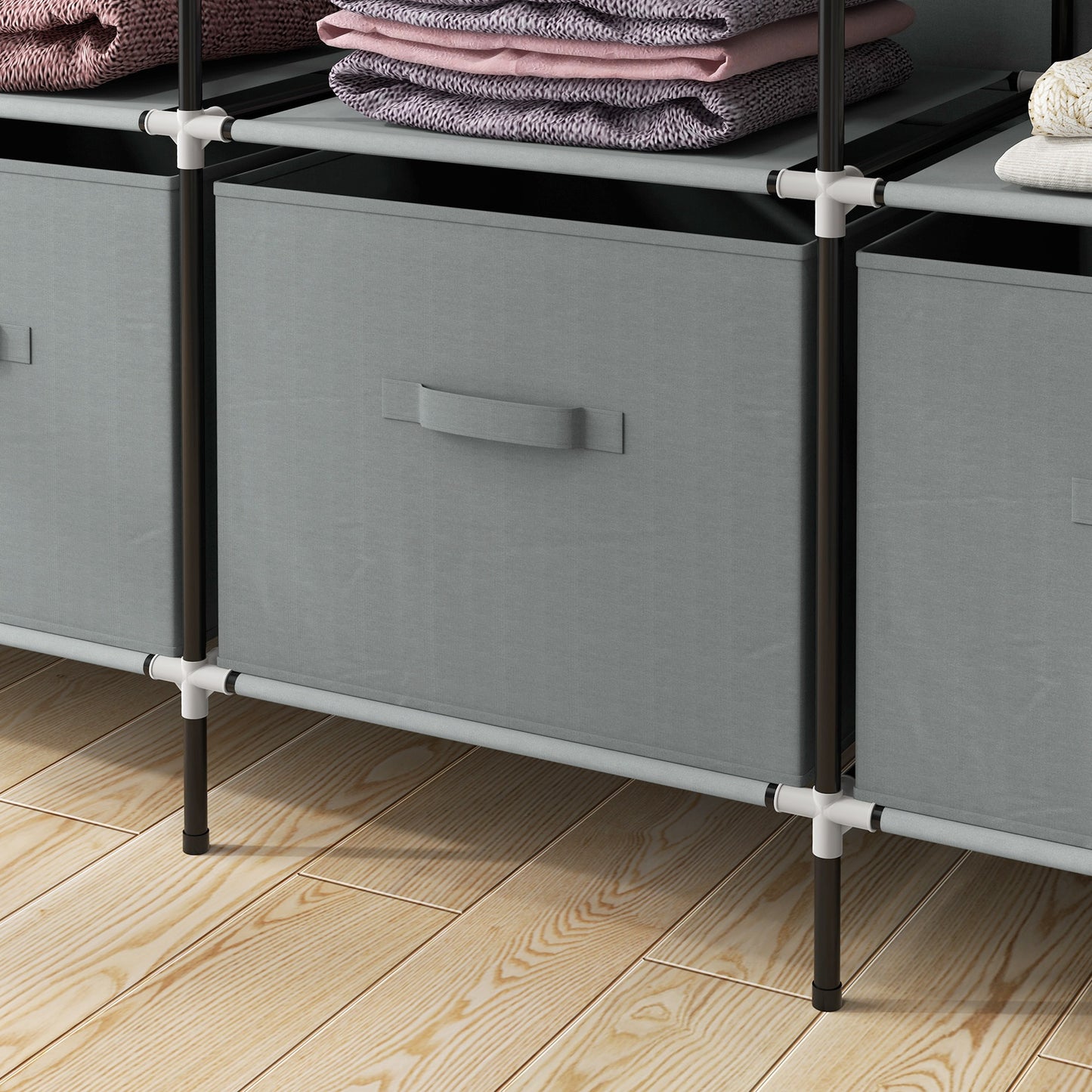 HOMCOM Fabric Wardrobe, Portable with 10 Compartments, 2 Hanging Rails & 4 Fabric Drawers, 166x42.5x169.5cm, Dark Grey