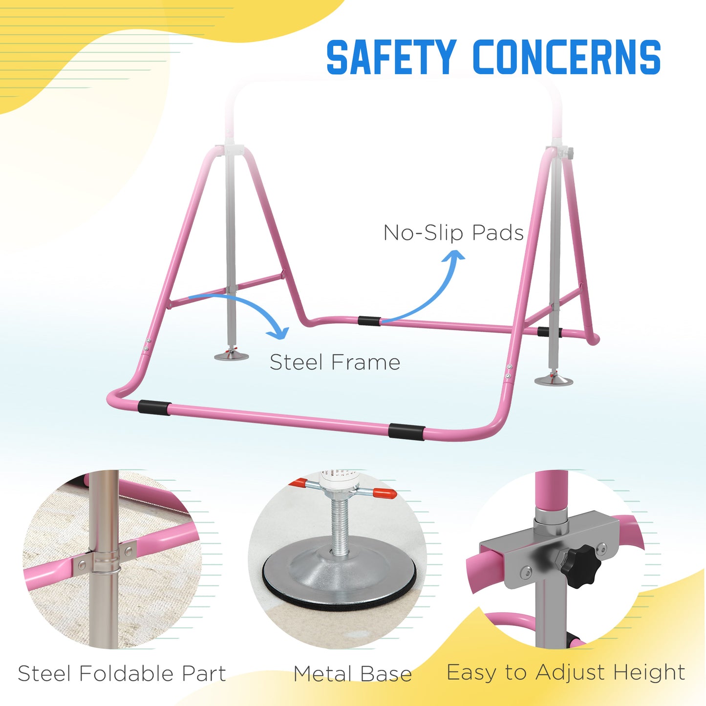 HOMCOM Kids Gymnastics Bar w/ Adjustable Height Foldable Horizontal Bars Pink