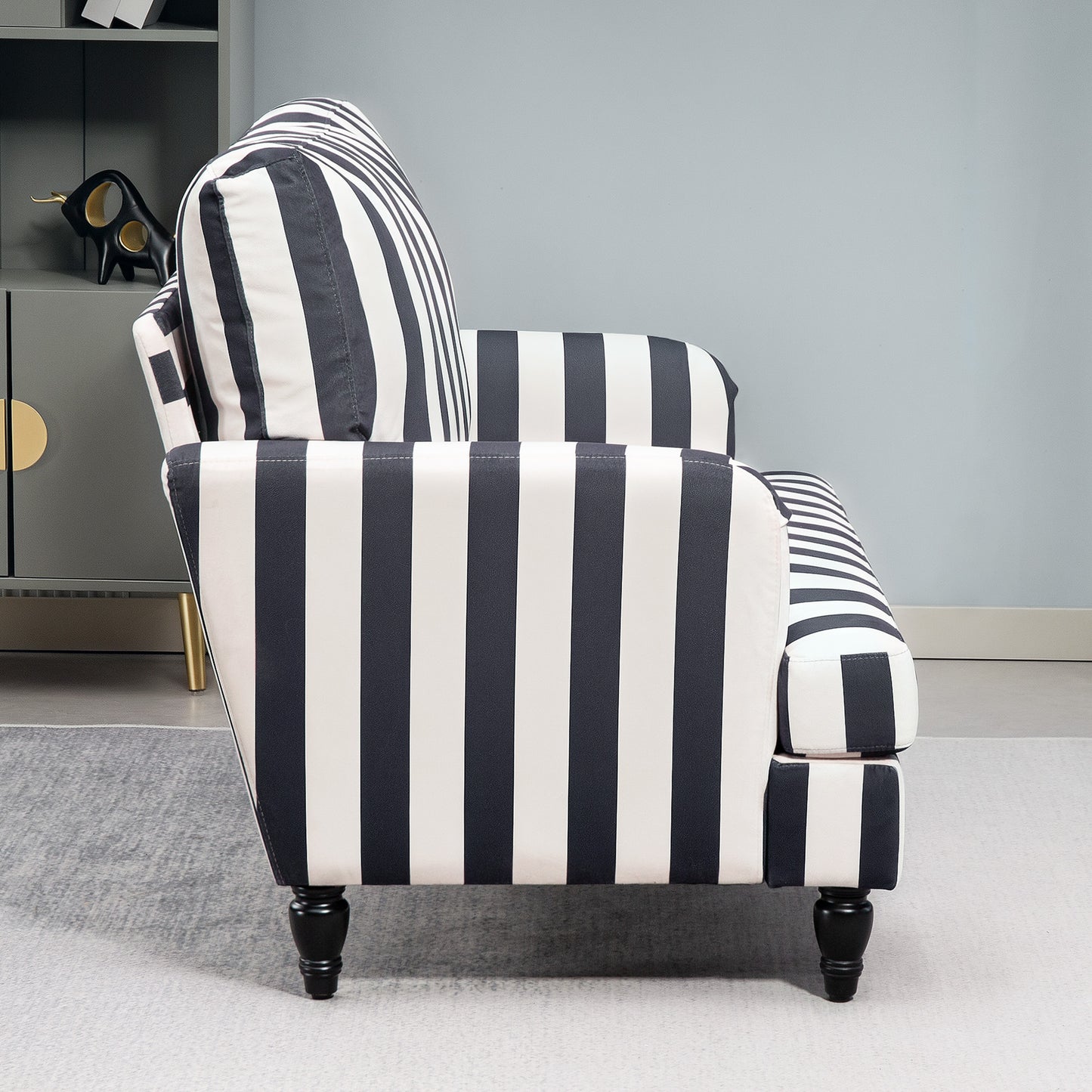 HOMCOM Modern Cuddle Chair, Velvet Single Sofa Armchair with Stripe, Turned Legs, Wide Seat, Upholstered Snuggle Chair, Black and White