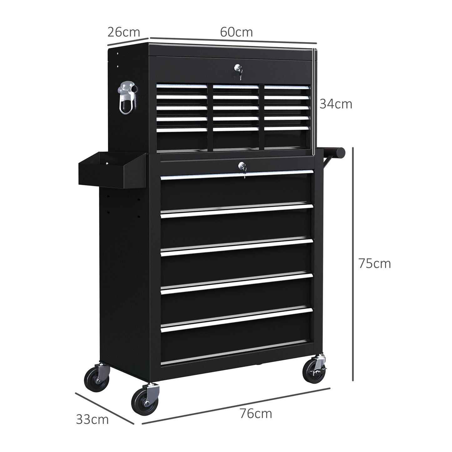 HOMCOM Rolling Tool Cabinet on Wheels with 14 Drawers, Pegboard and Side Rack, Lockable Top Tool Chest and Roller Cabinet Combo for Workshop and Home, Black