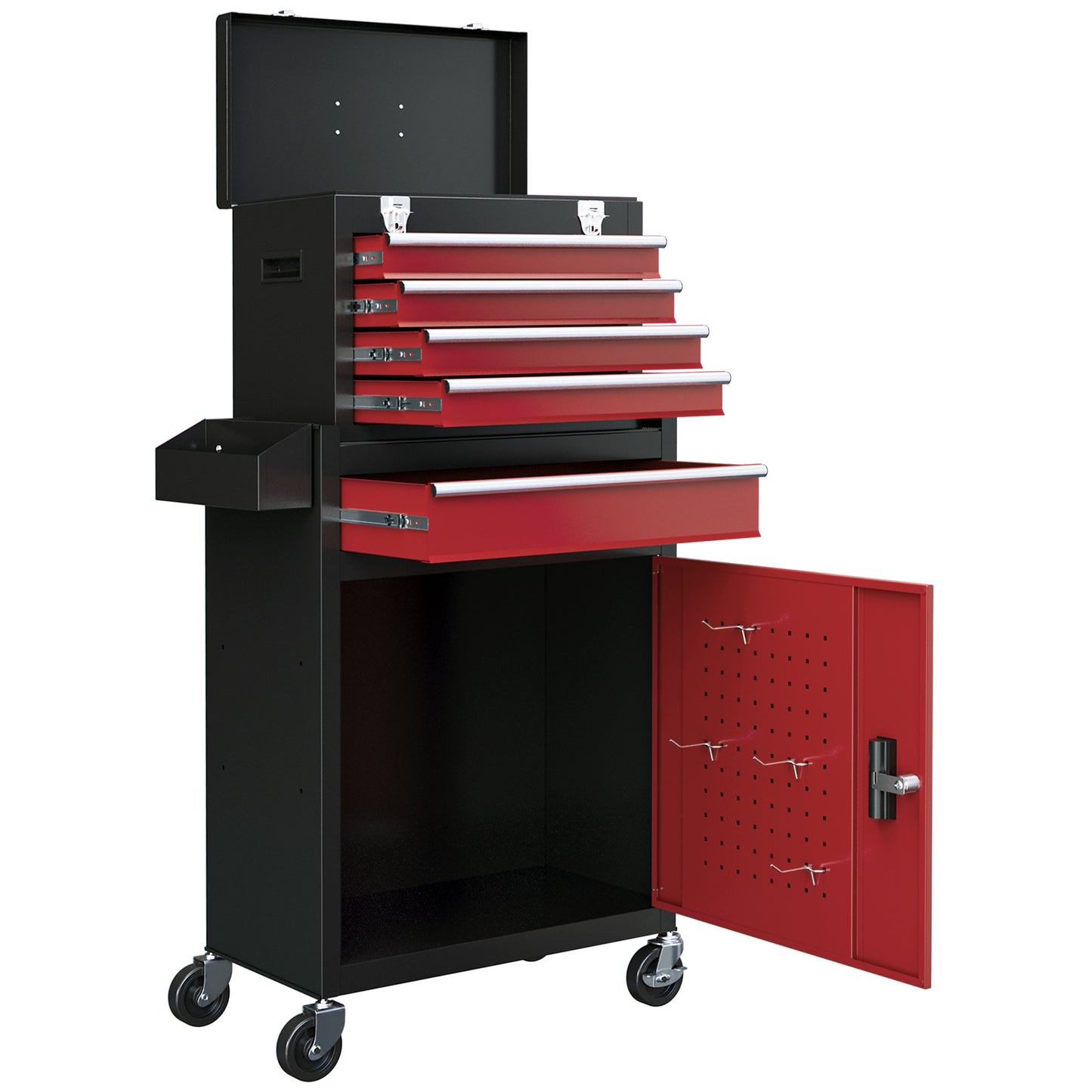 HOMCOM Rolling Tool Cabinet on Wheels with 5 Drawers and Lockable Cabinet, Portable Top Tool Chest and Roller Cabinet Combo for Workshop and Home, Red