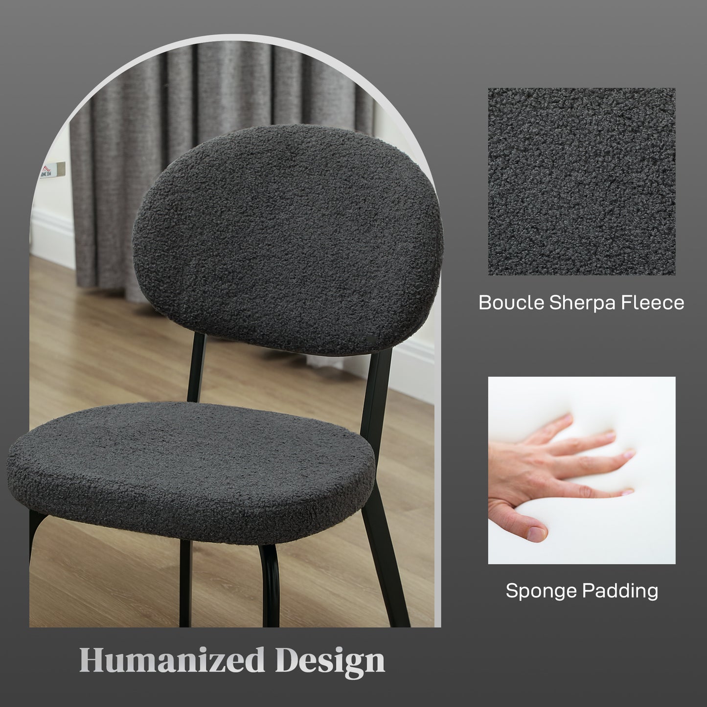 HOMCOM Boucle Dining Chairs Set of 4, Modern Upholstered Sherpa with Backrest, Metal Legs, Padded Seat for Dining, Bedroom, Living Room, Black