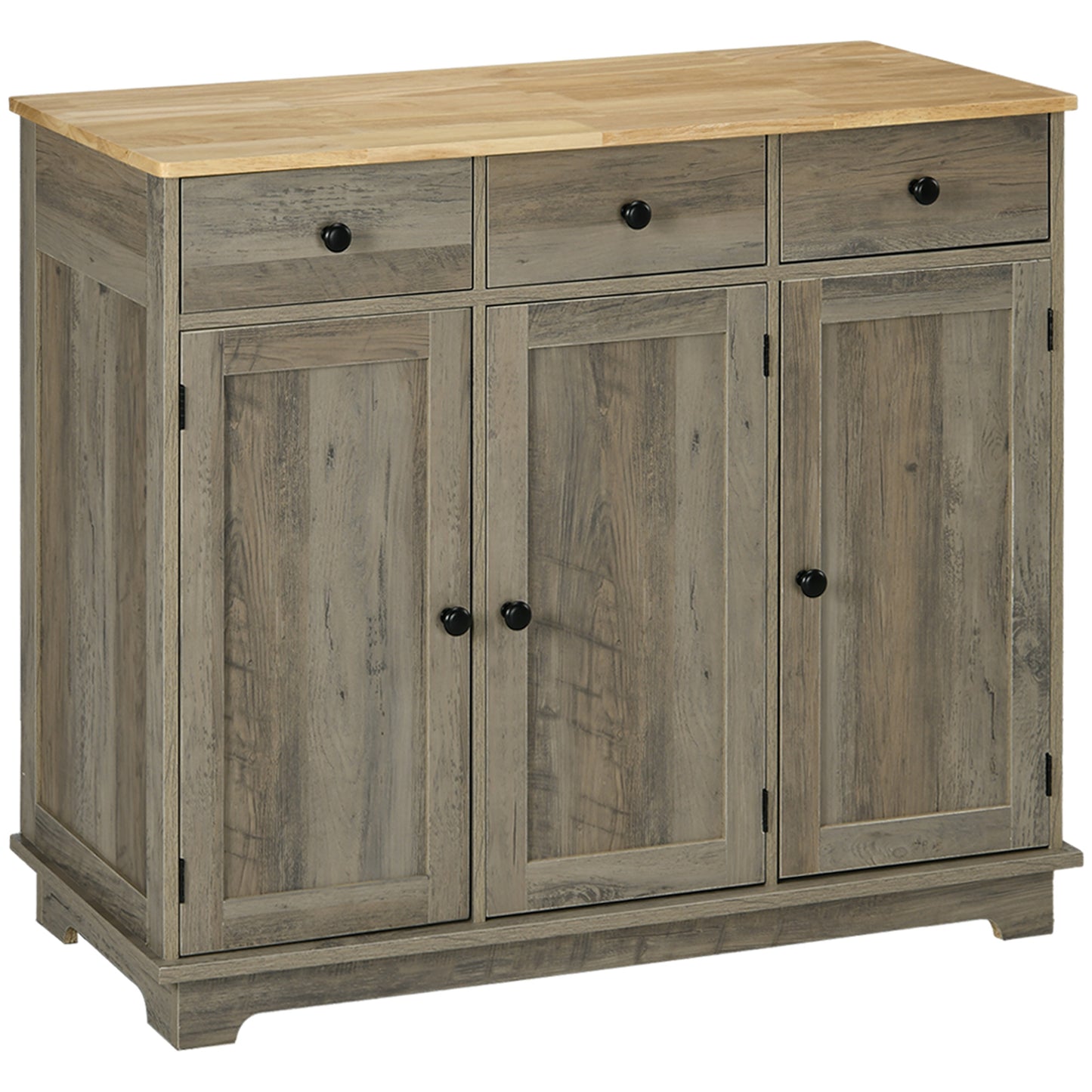 HOMCOM Sideboard with Rubberwood Top, Buffet Cabinet with Storage, Drawers, Adjustable Shelves for Dining Room/Kitchen, Grey Wood-Effect