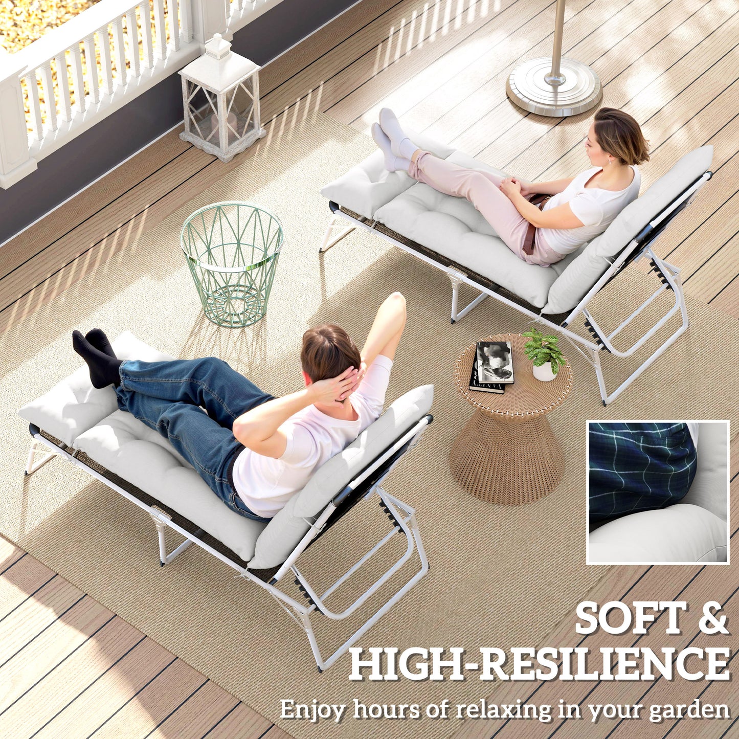 Outsunny Sun Lounger Cushions, 190x56x10cm Set of 2, UPF20+ Thick Sunbed Replacement with 6 Ties, 220gsm Fabric, Light Grey