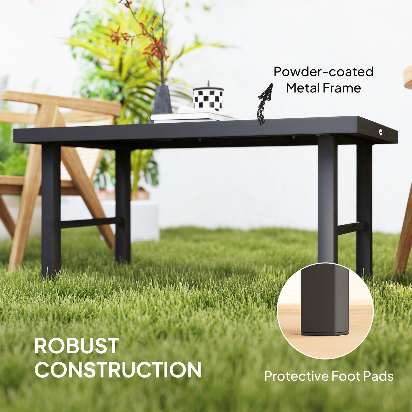 Outsunny Metal Garden Coffee Table, Outdoor Side Table with SPC Woodgrain Tabletop, 100 x 53 x 46cm, Brown Wood Effect