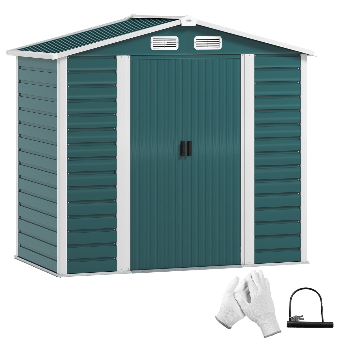 Outsunny Garden Shed 7x4ft, Easy Assembly, Upgraded Galvanised Steel, Double Lockable Doors, Vents & Gloves, Foundation Kit, Green