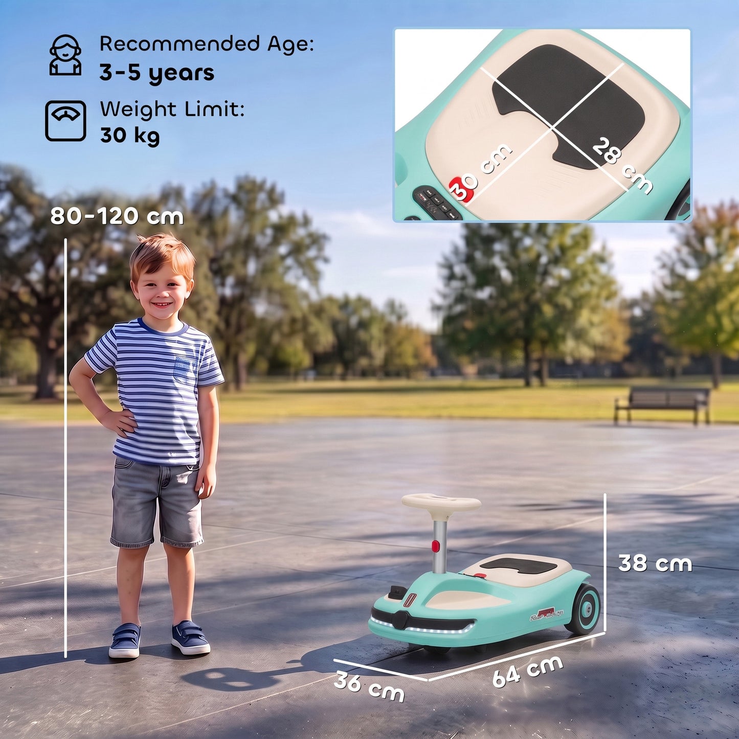 AIYAPLAY 12V Electric Wiggle Car with Pedal, Kids Electric Car with 2 Speeds, Soft Start, Music, Lights for 3-5 Years, Light Blue