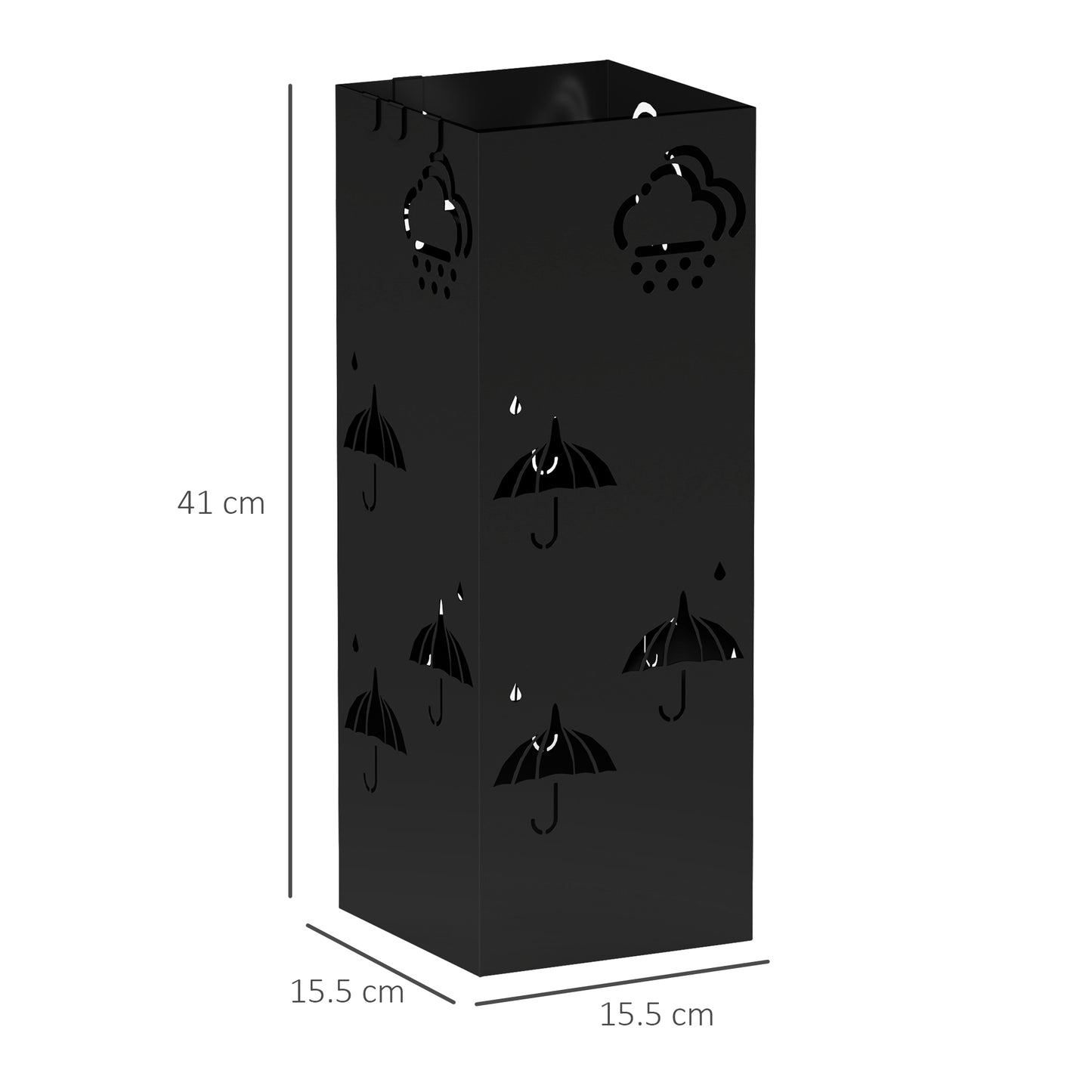 HOMCOM Metal Umbrella Stand, Square Holder with Drip Tray & 4 Hooks, Decorative Rack for Hallway/Entryway, 15.5x15.5x41 cm, Black