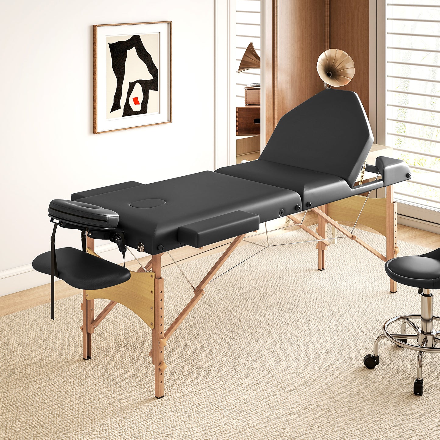 HOMCOM Foldable Massage Table with Beech Wood Legs - Black