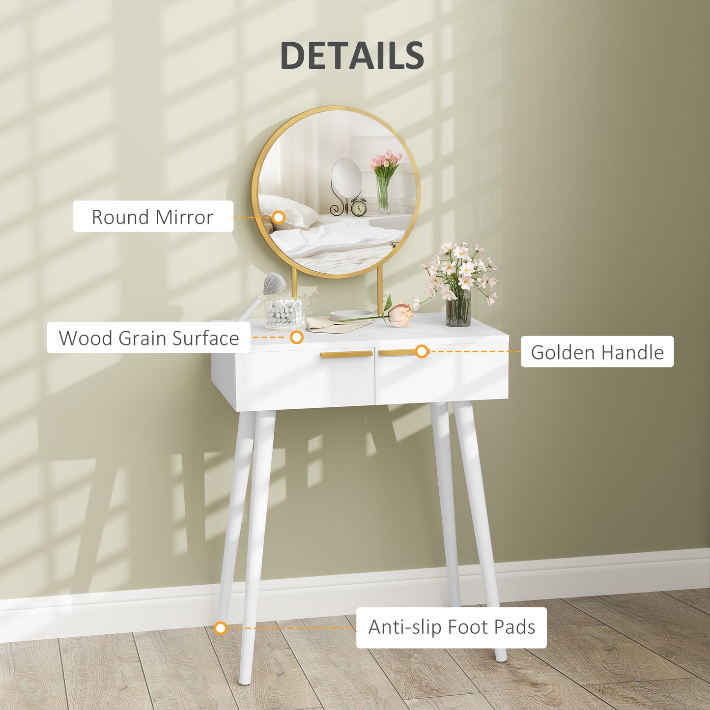 HOMCOM Dressing Table with Round Mirror - White