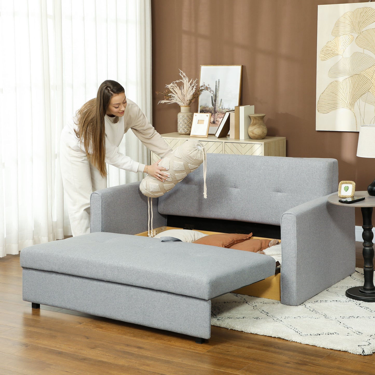 HOMCOM 2 Seater Sofa Bed, Convertible Loveseat with 2 Cushions, Hidden Storage, Modern Fabric for Living or Guest Room, Light Grey