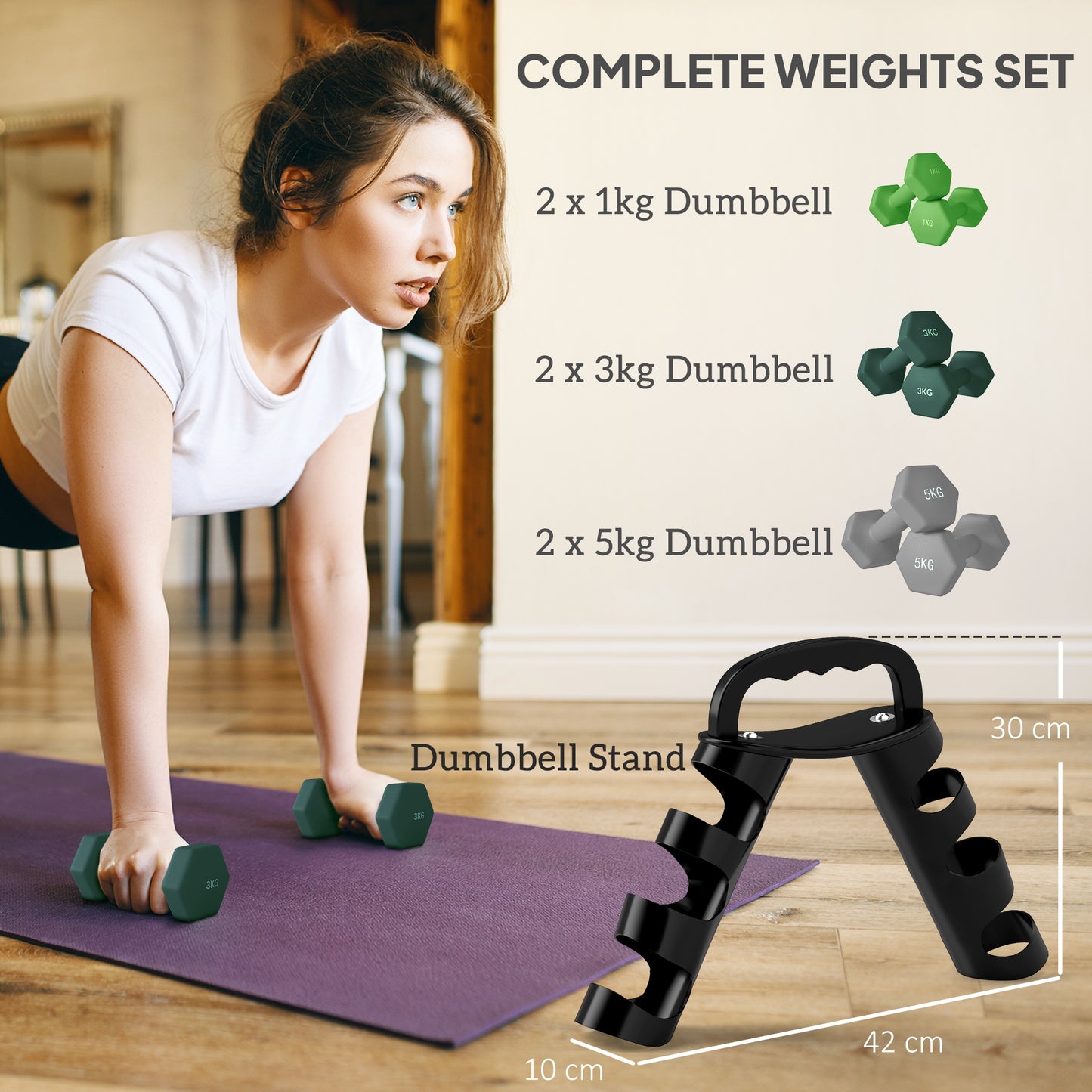 SPORTNOW Dumbbells Set with Storage Rack, 2 x 1kg, 2 x 3kg, 2 x 5kg, Green
